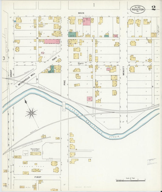 Sanborn Fire Insurance Map from Houston, Washington County, Pennsylvania (1907), Sheet #0002 - Historic Sanborn Fire Insurance Map Print, vintage old map wall art, antique decor, genealogy gift, Pennsylvania Pennsylvania map