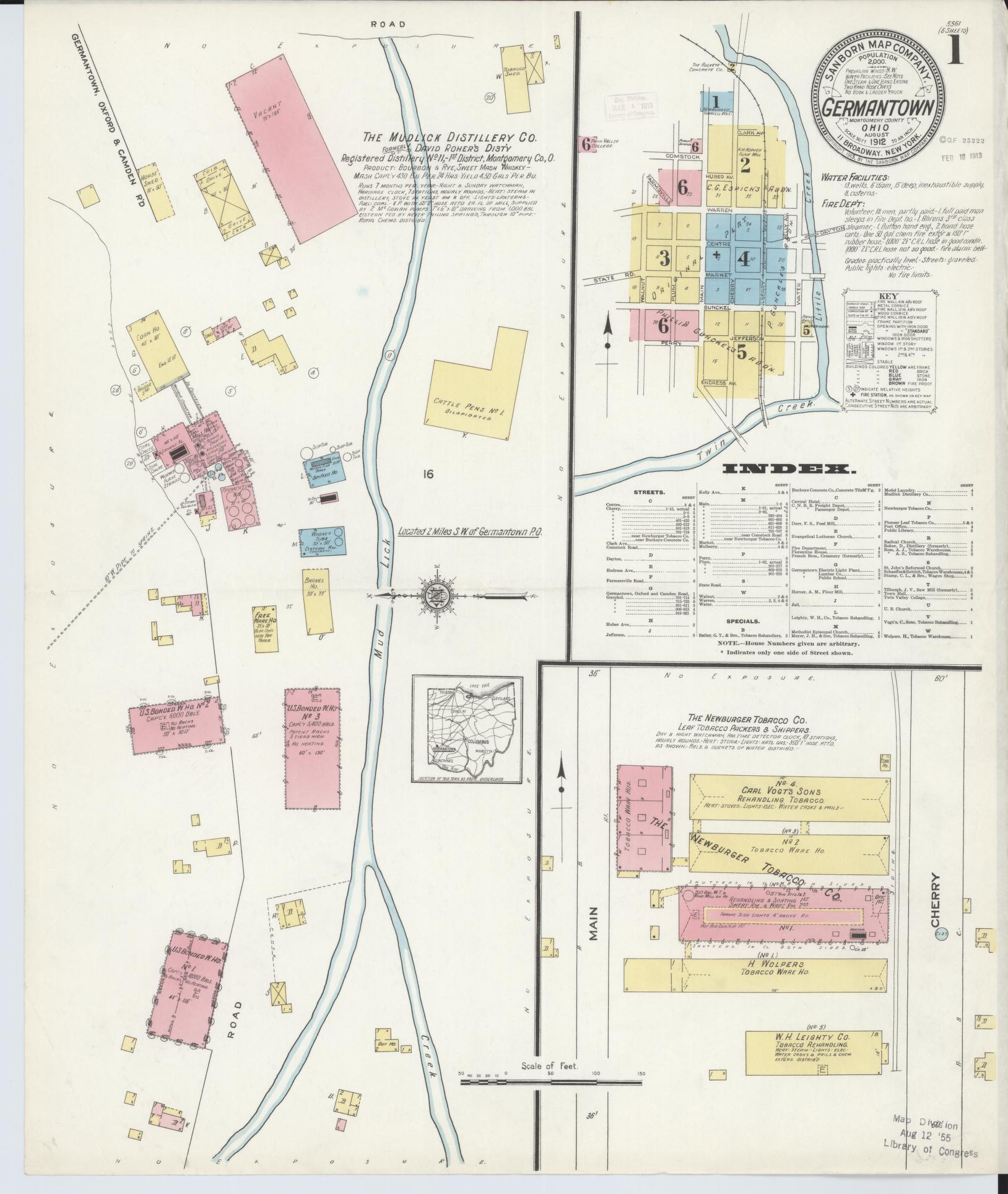 Sanborn Fire Insurance Map from Germantown, Montgomery County, Ohio (1912), Sheet #0001 - Historic Sanborn Fire Insurance Map Print, vintage old map wall art, antique decor, genealogy gift, Ohio Ohio map