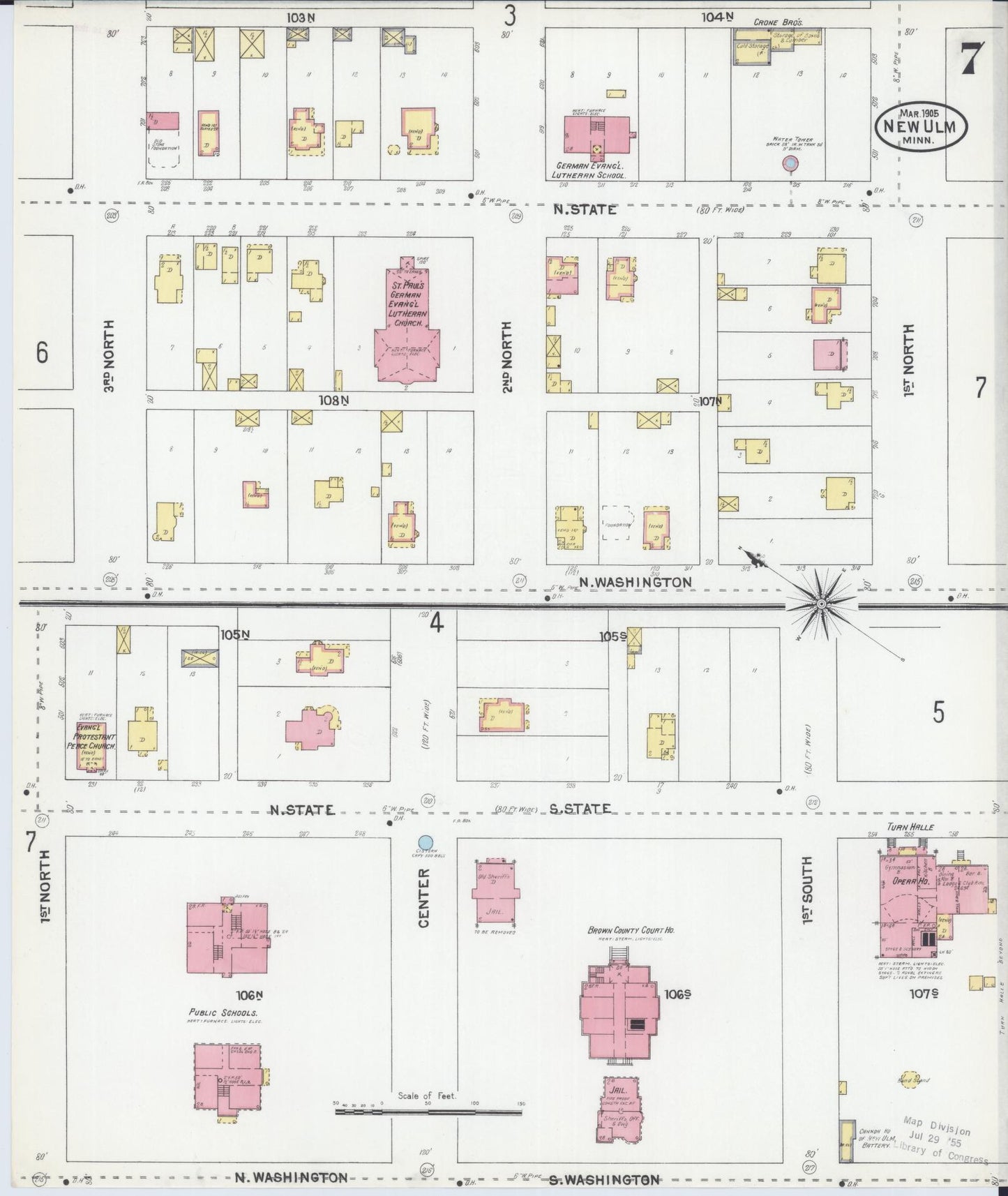 Sanborn Fire Insurance Map from New Ulm, Brown County, Minnesota (1905), Sheet #0007 - Historic Sanborn Fire Insurance Map Print, vintage old map wall art, antique decor, genealogy gift, Minnesota Minnesota map