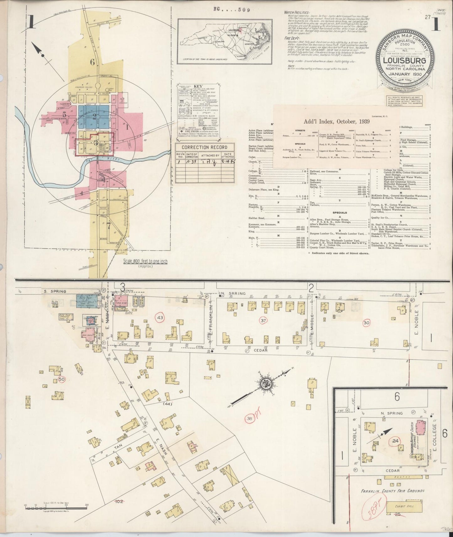 Sanborn Fire Insurance Map from Louisburg, Franklin County, North Carolina (1939), Sheet #0001 - Historic Sanborn Fire Insurance Map Print, vintage old map wall art, antique decor, genealogy gift, North Carolina North Carolina map