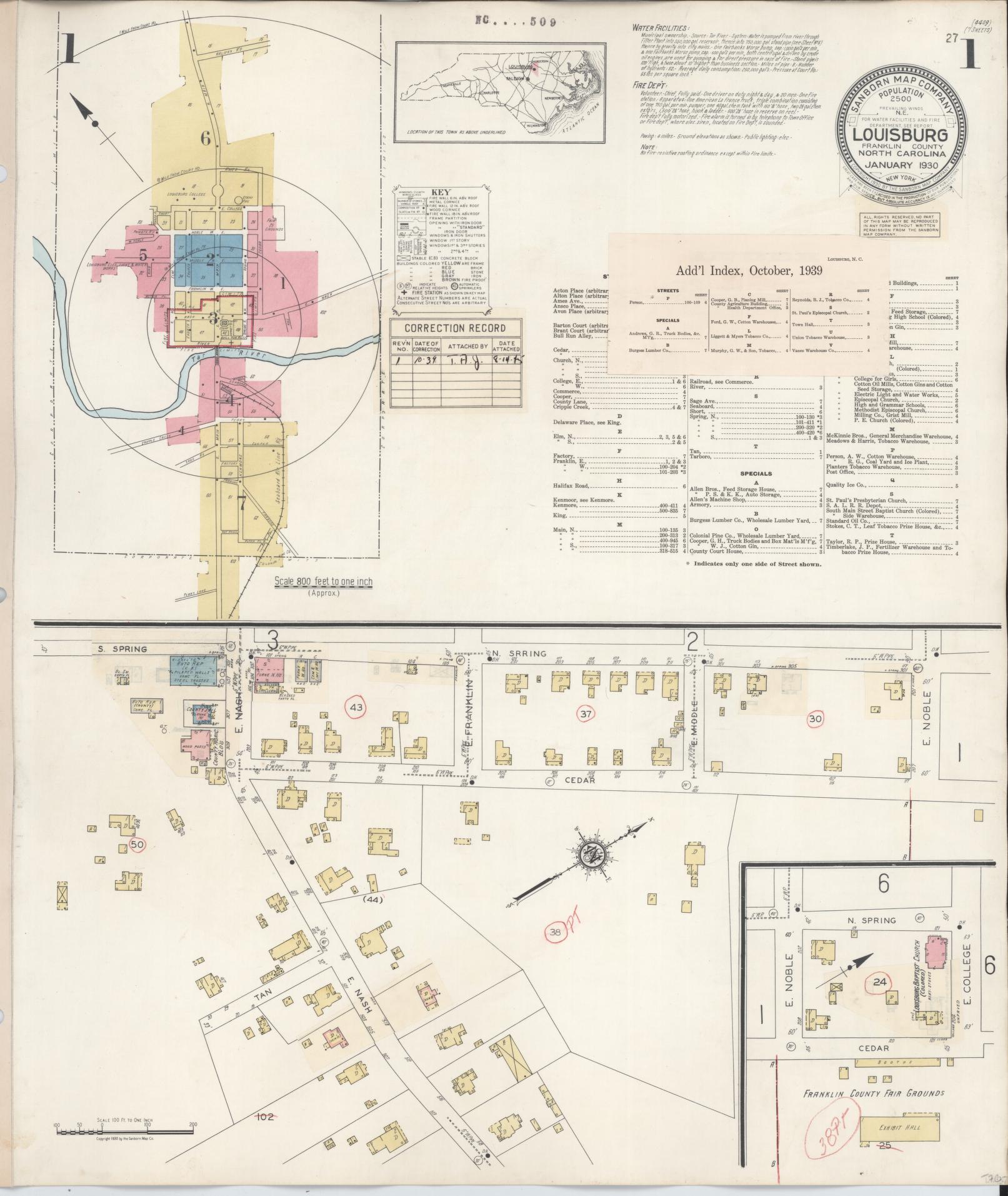 Sanborn Fire Insurance Map from Louisburg, Franklin County, North Carolina (1939), Sheet #0001 - Historic Sanborn Fire Insurance Map Print, vintage old map wall art, antique decor, genealogy gift, North Carolina North Carolina map