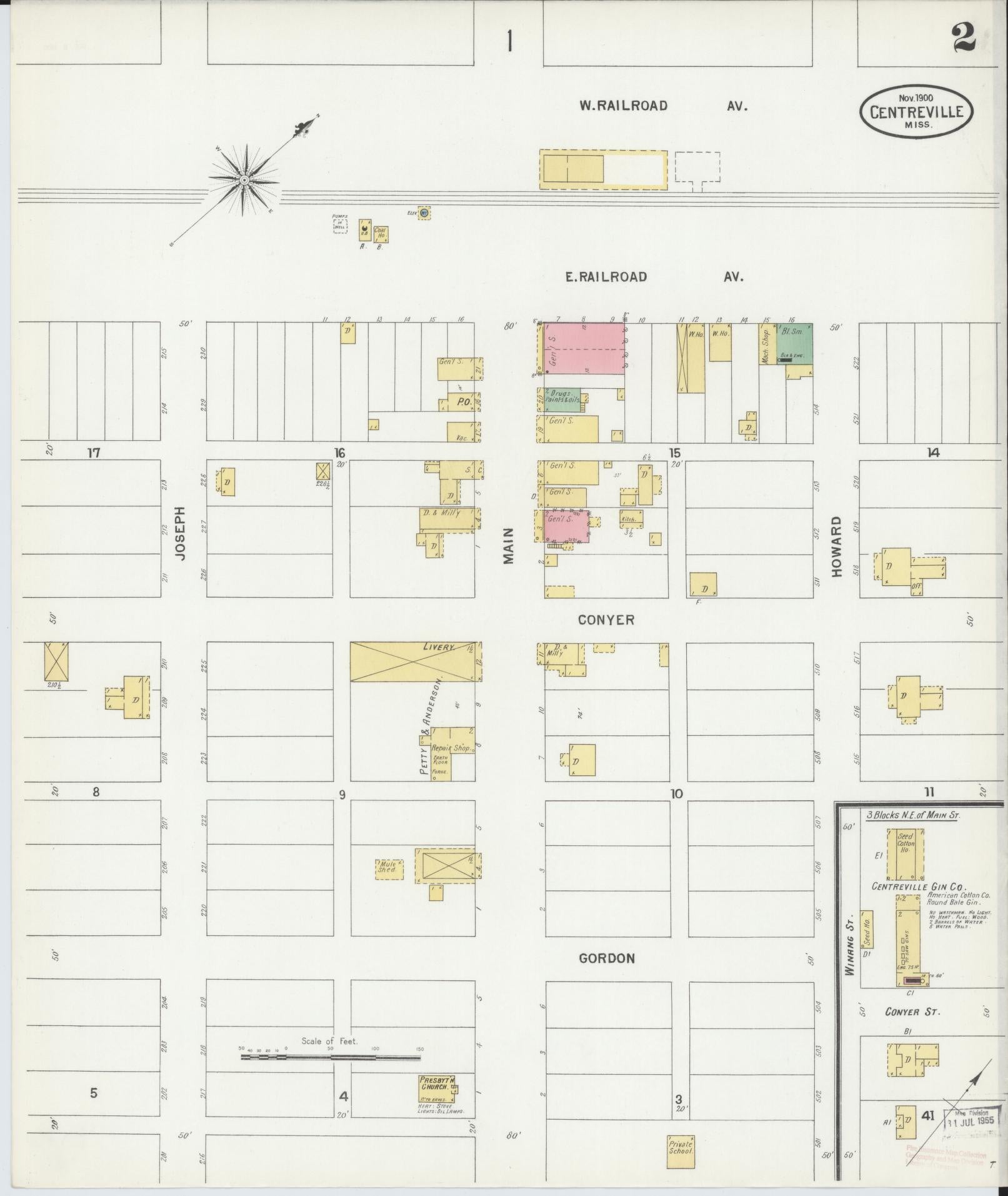 Sanborn Fire Insurance Map from Centreville, Wilkinson County, Mississippi (1900), Sheet #0002 - Historic Sanborn Fire Insurance Map Print, vintage old map wall art, antique decor, genealogy gift, Mississippi Mississippi map