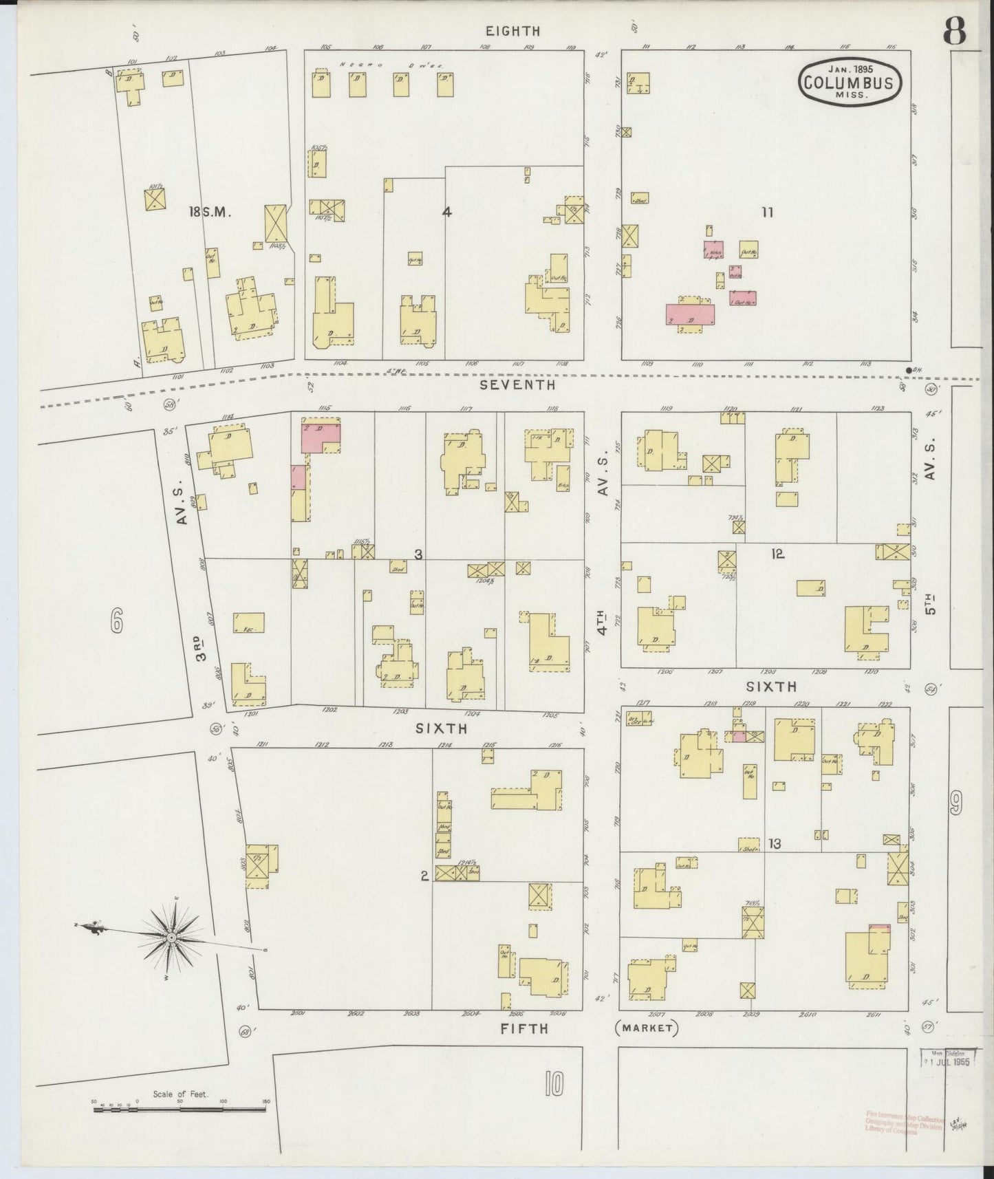 Sanborn Fire Insurance Map from Columbus, Lowndes County, Mississippi (1895), Sheet #0008 - Historic Sanborn Fire Insurance Map Print, vintage old map wall art, antique decor, genealogy gift, Mississippi Mississippi map