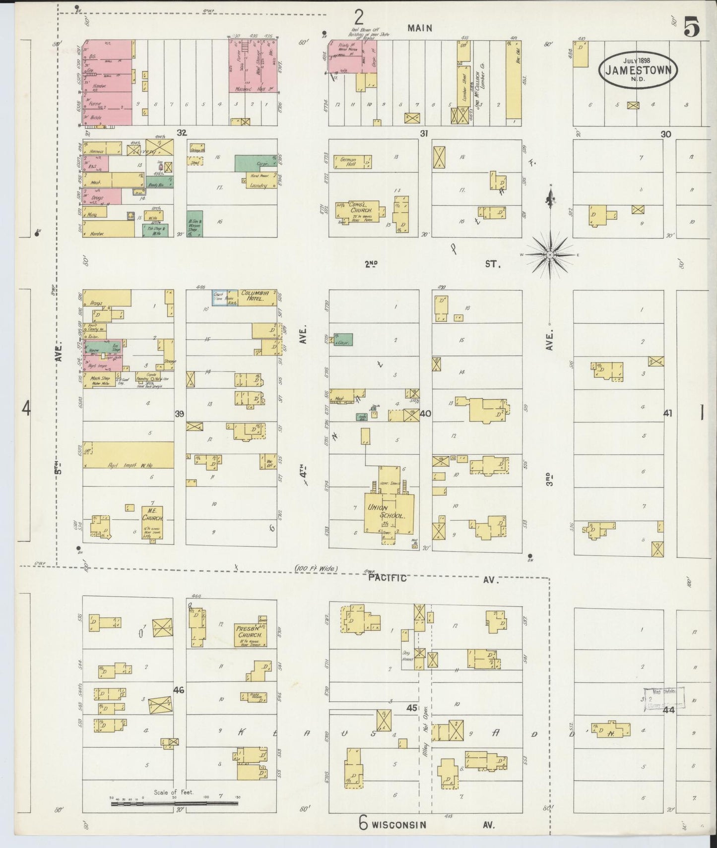 Sanborn Fire Insurance Map from Jamestown, Stutsman County, North Dakota (1898), Sheet #0005 - Complete Map Set gallery image, historic Sanborn map, vintage wall art, North Dakota North Dakota