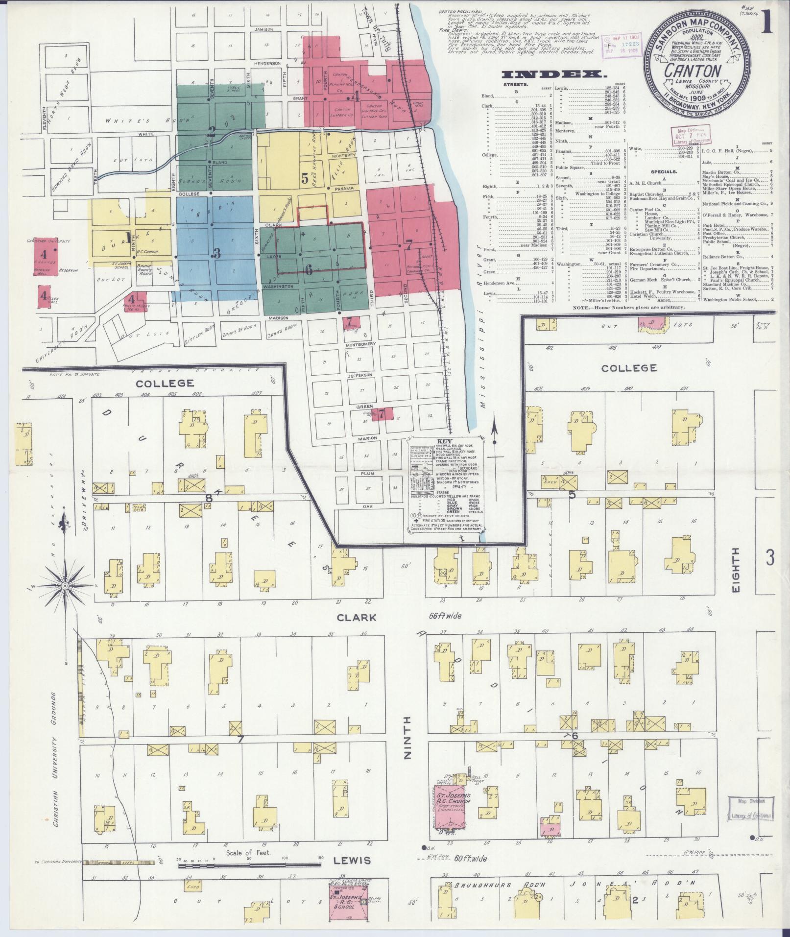 Sanborn Fire Insurance Map from Canton, Lewis County, Missouri (1909), Sheet #0001 - Historic Sanborn Fire Insurance Map Print, vintage old map wall art, antique decor, genealogy gift, Missouri Missouri map