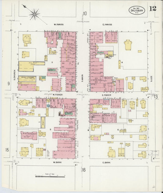 Sanborn Fire Insurance Map from Salisbury, Rowan County, North Carolina (1907), Sheet #0012 - Historic Sanborn Fire Insurance Map Print, vintage old map wall art, antique decor, genealogy gift, North Carolina North Carolina map