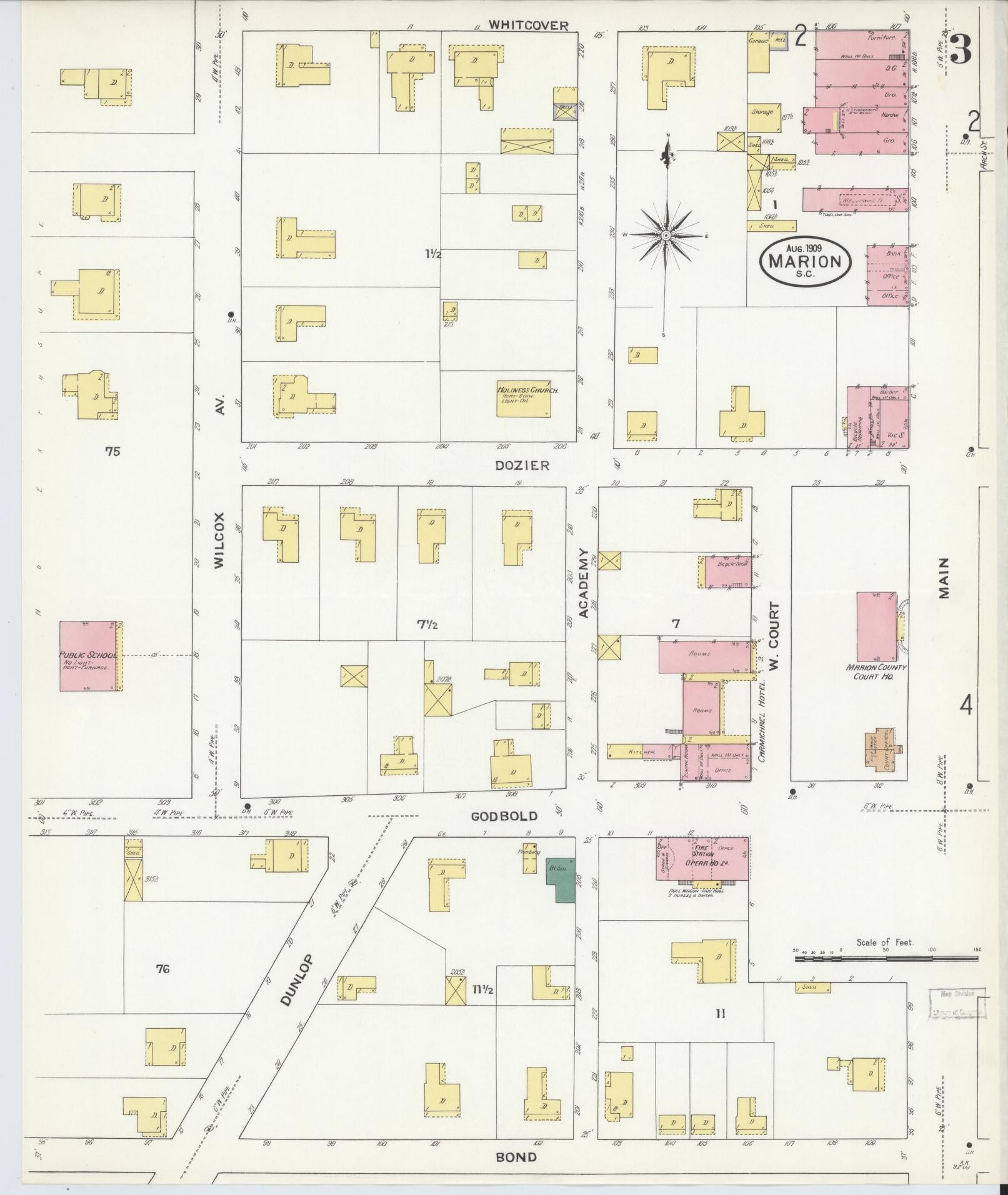 Sanborn Fire Insurance Map from Marion, Marion County, South Carolina (1909), Sheet #0003 - Complete Map Set gallery image, historic Sanborn map, vintage wall art, South Carolina South Carolina