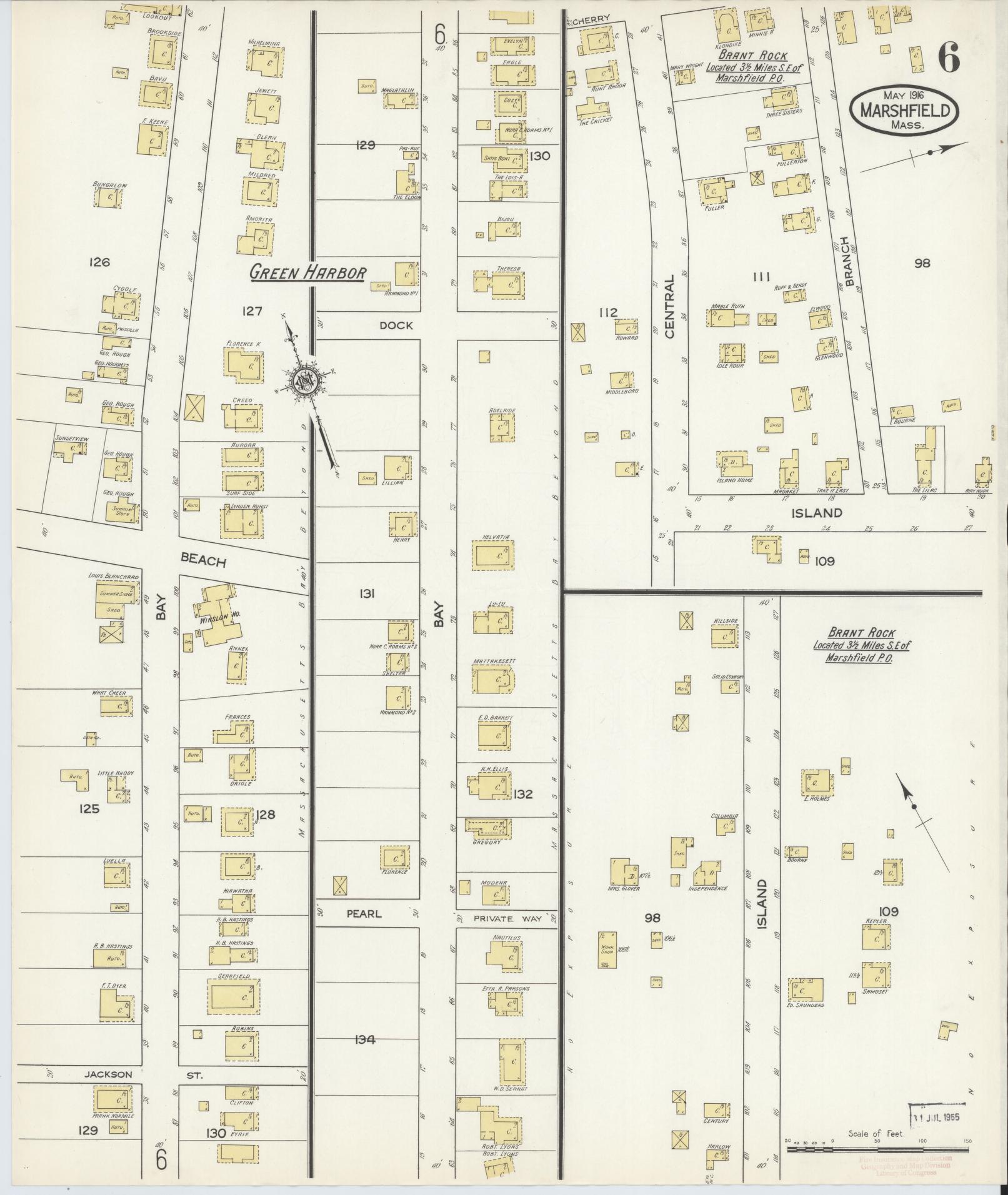 Sanborn Fire Insurance Map from Marshfield, Plymouth County, Massachusetts (1916), Sheet #0006 - Historic Sanborn Fire Insurance Map Print, vintage old map wall art, antique decor, genealogy gift, Massachusetts Massachusetts map