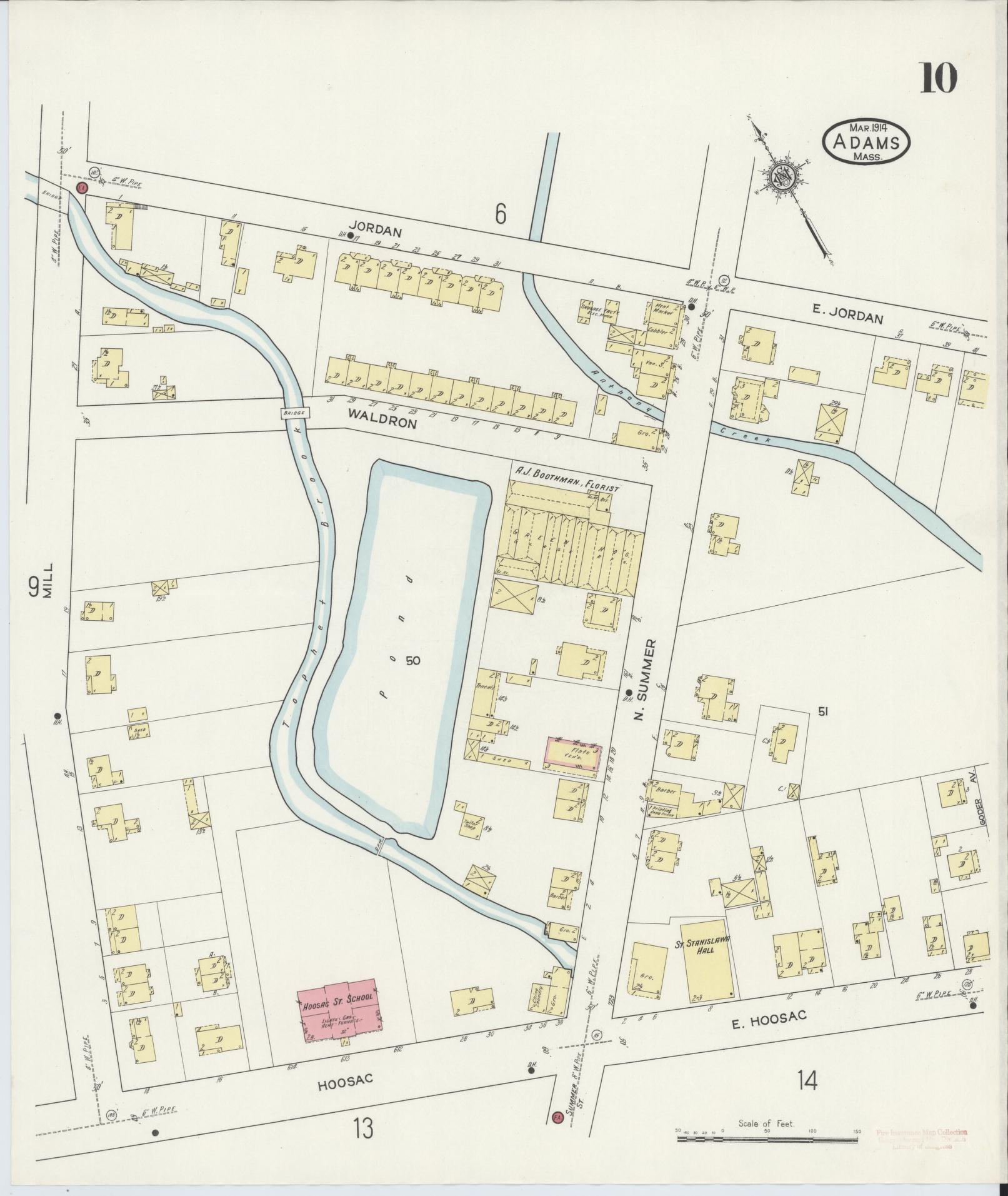 Sanborn Fire Insurance Map from Adams, Berkshire County, Massachusetts (1914), Sheet #0010 - Historic Sanborn Fire Insurance Map Print, vintage old map wall art, antique decor, genealogy gift, Massachusetts Massachusetts map