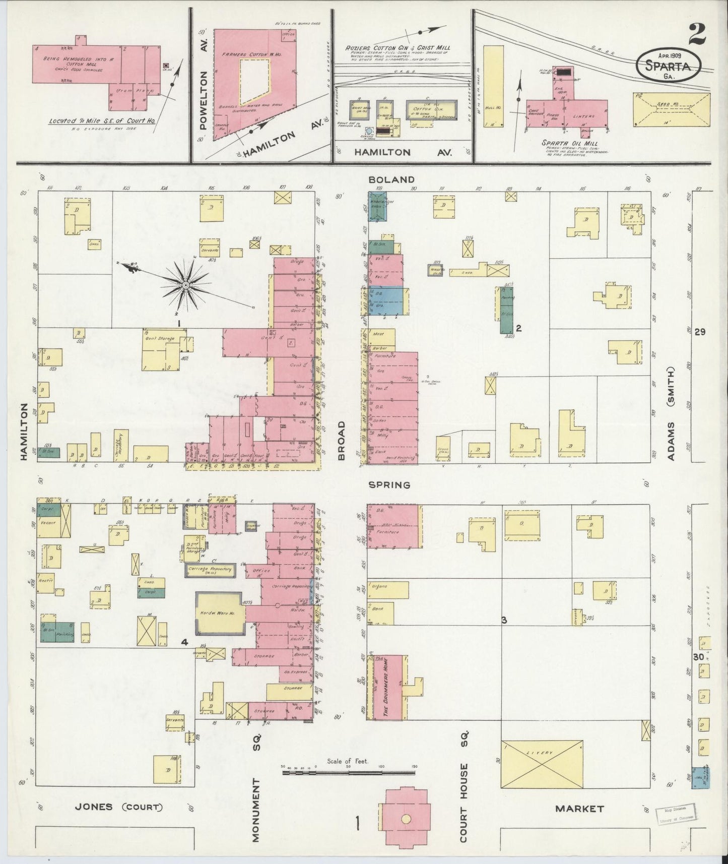 Sanborn Fire Insurance Map from Sparta, Hancock County, Georgia (1909), Sheet #0002 - Historic Sanborn Fire Insurance Map Print, vintage old map wall art, antique decor, genealogy gift, Georgia Georgia map