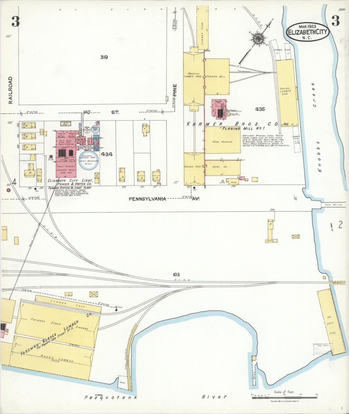 Sanborn Fire Insurance Map from Elizabeth City, Pasquotank County, North Carolina (1923), Sheet #0003 - Complete Map Set gallery image, historic Sanborn map, vintage wall art, North Carolina North Carolina