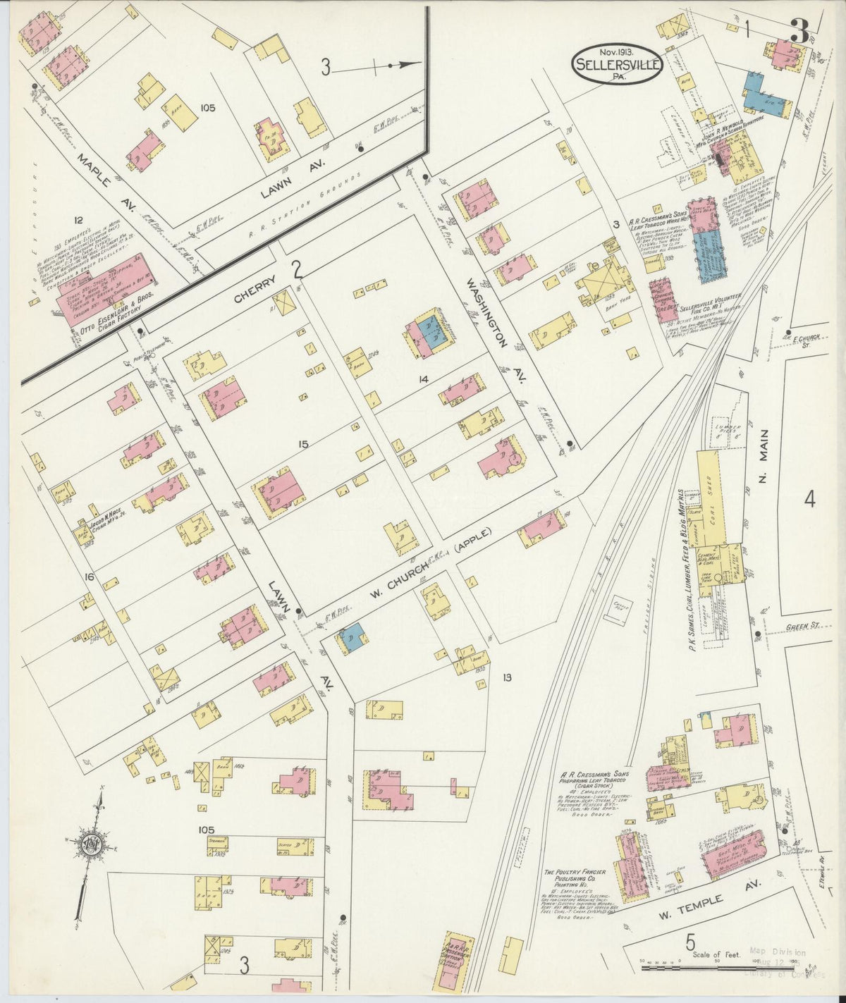 Sanborn Fire Insurance Map from Sellersville, Bucks County, Pennsylvania (1913), Sheet #0003 - Historic Sanborn Fire Insurance Map Print, vintage old map wall art, antique decor, genealogy gift, Pennsylvania Pennsylvania map