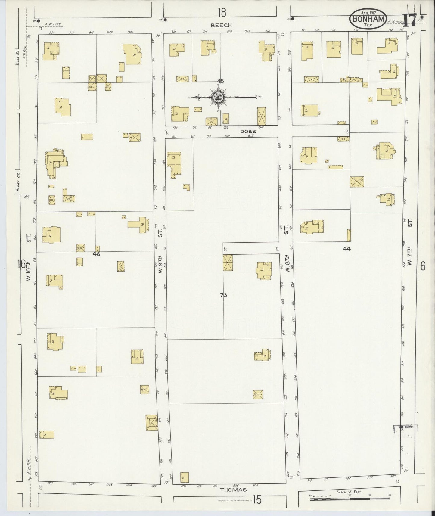Sanborn Fire Insurance Map from Bonham, Fannin County, Texas (1917), Sheet #0017 - Historic Sanborn Fire Insurance Map Print, vintage old map wall art, antique decor, genealogy gift, Texas Texas map