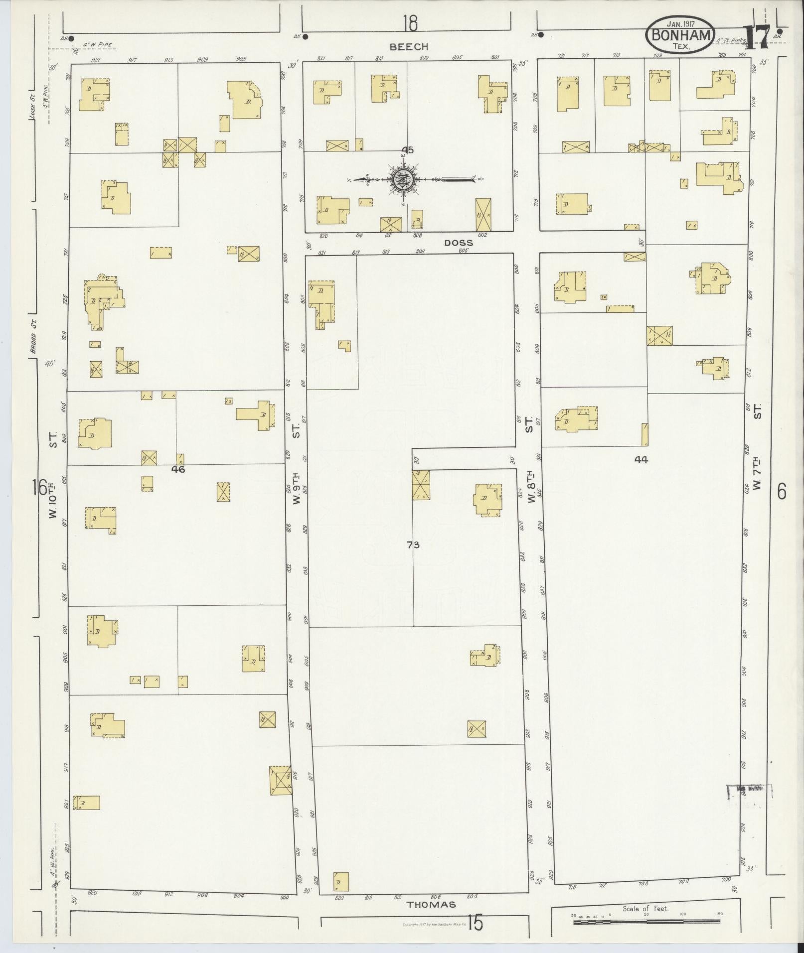 Sanborn Fire Insurance Map from Bonham, Fannin County, Texas (1917), Sheet #0017 - Historic Sanborn Fire Insurance Map Print, vintage old map wall art, antique decor, genealogy gift, Texas Texas map