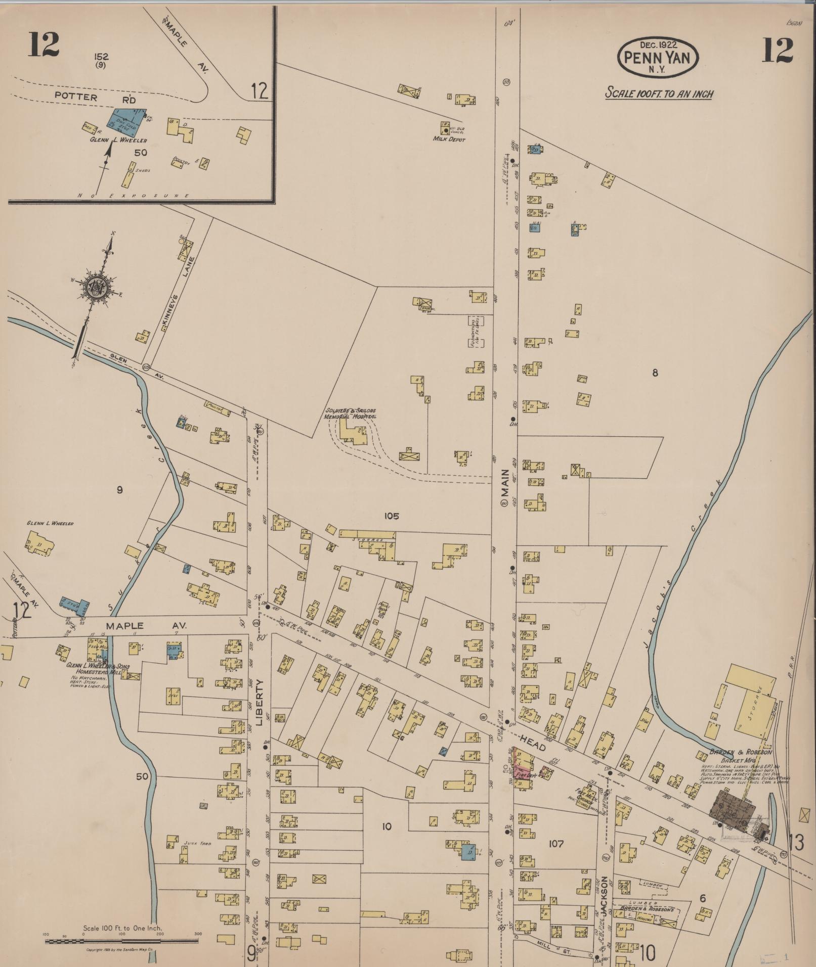 Sanborn Fire Insurance Map from Penn Yan, Yates County, New York (1922), Sheet #0012 - Complete Map Set gallery image, historic Sanborn map, vintage wall art, New York New York