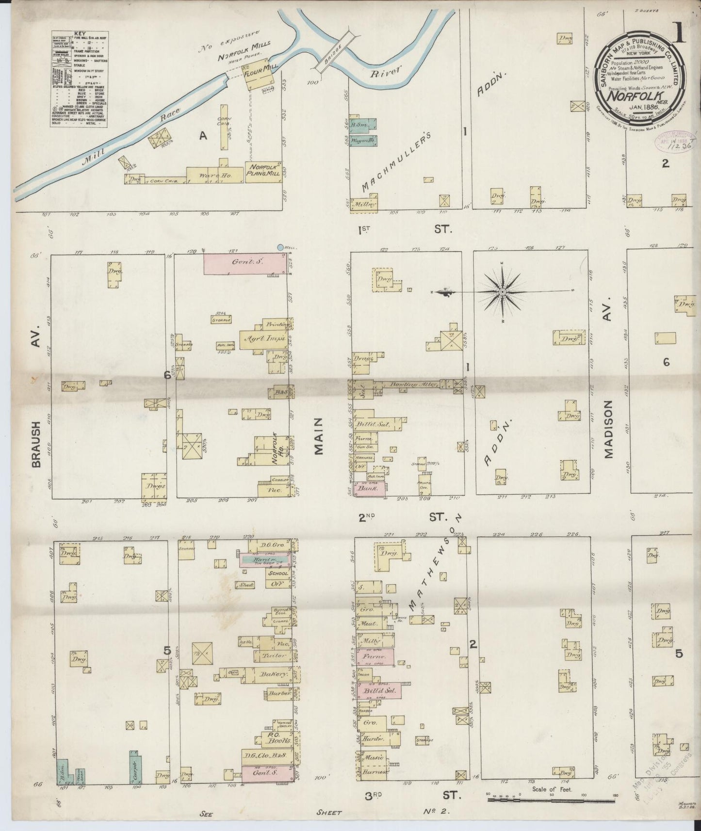 Sanborn Fire Insurance Map from Norfolk, Madison County, Nebraska (1886), Sheet #0001 - Complete Map Set gallery image, historic Sanborn map, vintage wall art, Nebraska Nebraska