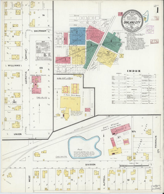 Sanborn Fire Insurance Map from Oakland City, Gibson County, Indiana (1907), Sheet #0001 - Historic Sanborn Fire Insurance Map Print, vintage old map wall art, antique decor, genealogy gift, Indiana Indiana map