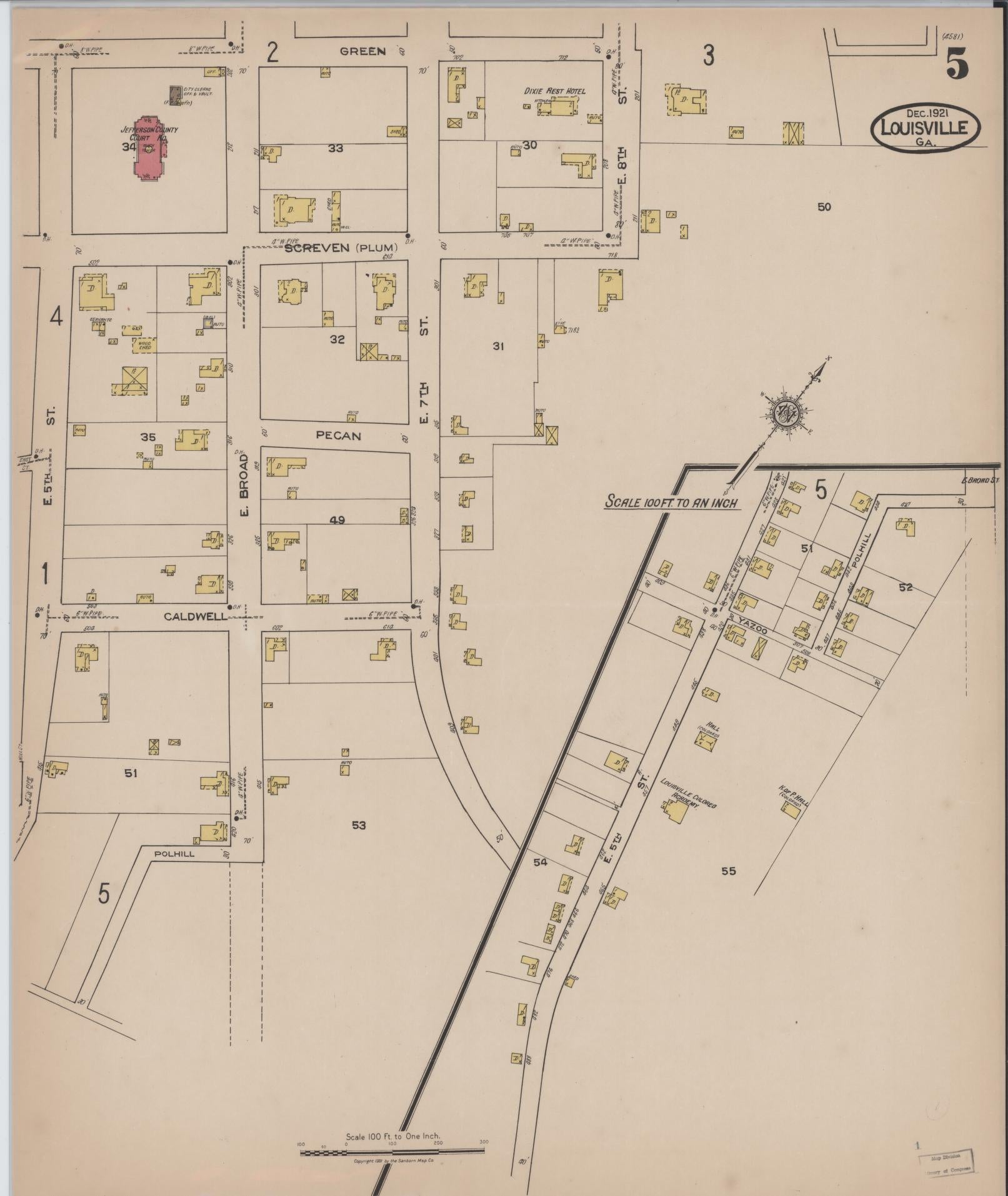 Sanborn Fire Insurance Map from Louisville, Jefferson County, Georgia (1921), Sheet #0005 - Historic Sanborn Fire Insurance Map Print, vintage old map wall art, antique decor, genealogy gift, Georgia Georgia map