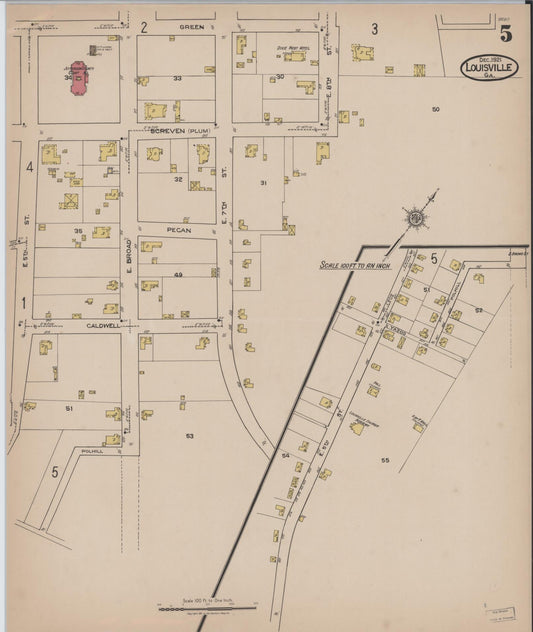 Sanborn Fire Insurance Map from Louisville, Jefferson County, Georgia (1921), Sheet #0005 - Historic Sanborn Fire Insurance Map Print, vintage old map wall art, antique decor, genealogy gift, Georgia Georgia map