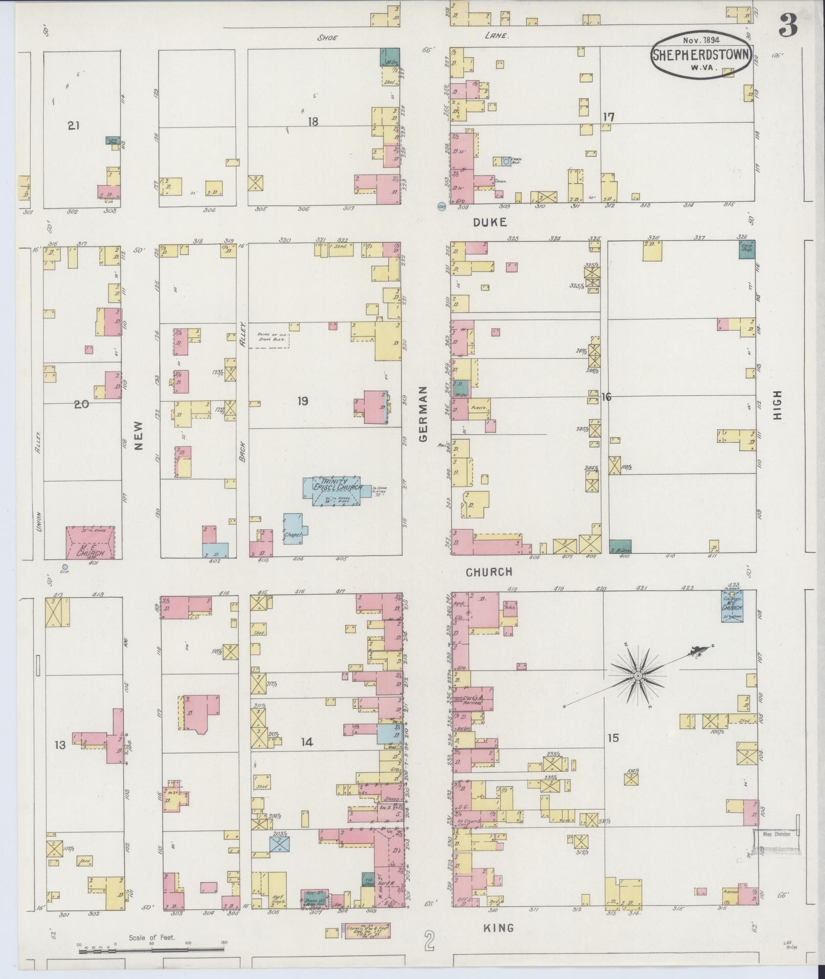 Sanborn Fire Insurance Map from Shepherdstown, Jefferson County, West Virginia (1894), Sheet #0003 - Complete Map Set gallery image, historic Sanborn map, vintage wall art, West Virginia West Virginia