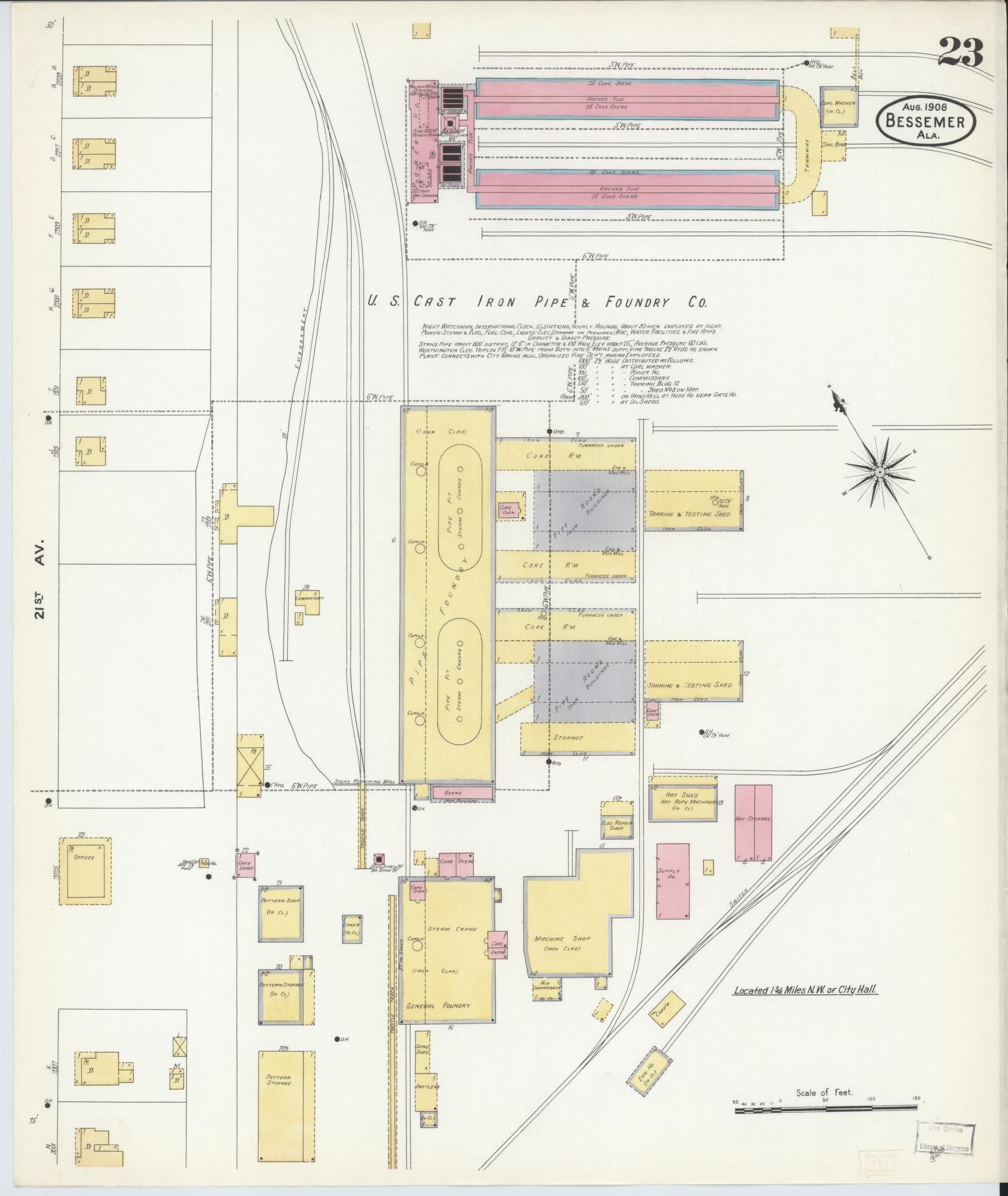 Sanborn Fire Insurance Map from Bessemer, Jefferson County, Alabama (1908), Sheet #0023 - Historic Sanborn Fire Insurance Map Print, vintage old map wall art, antique decor, genealogy gift, Alabama Alabama map