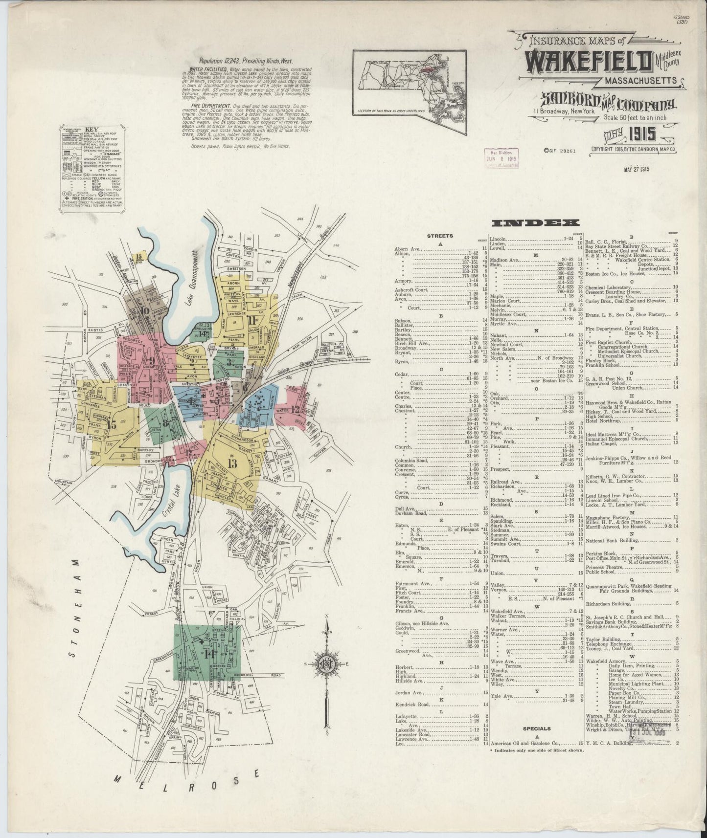 Sanborn Fire Insurance Map from Wakefield, Middlesex County, Massachusetts (1915), Sheet #0001 - Complete Map Set gallery image, historic Sanborn map, vintage wall art, Massachusetts Massachusetts