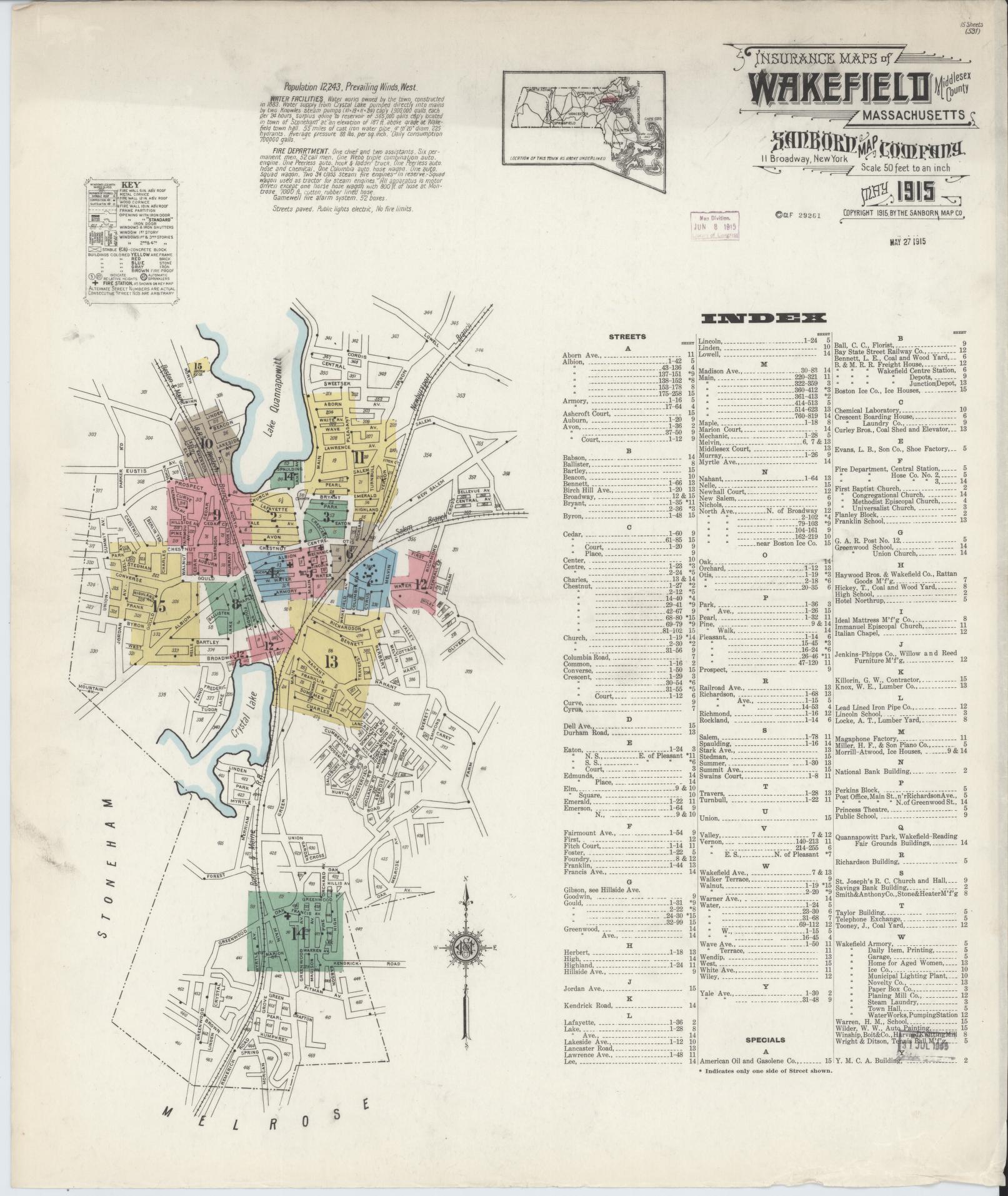 Sanborn Fire Insurance Map from Wakefield, Middlesex County, Massachusetts (1915), Sheet #0001 - Complete Map Set gallery image, historic Sanborn map, vintage wall art, Massachusetts Massachusetts