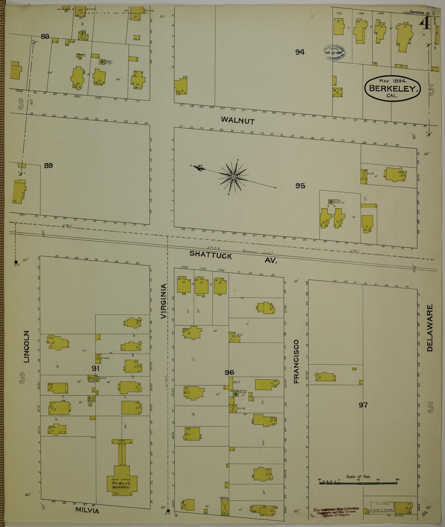 Sanborn Fire Insurance Map from Berkeley, Alameda County, California (1894), Sheet #0004 - Historic Sanborn Fire Insurance Map Print, vintage old map wall art, antique decor, genealogy gift, California California map