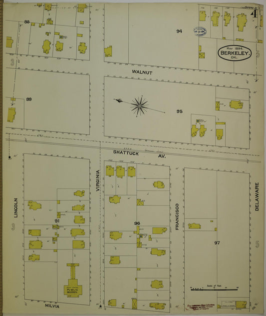 Sanborn Fire Insurance Map from Berkeley, Alameda County, California (1894), Sheet #0004 - Historic Sanborn Fire Insurance Map Print, vintage old map wall art, antique decor, genealogy gift, California California map