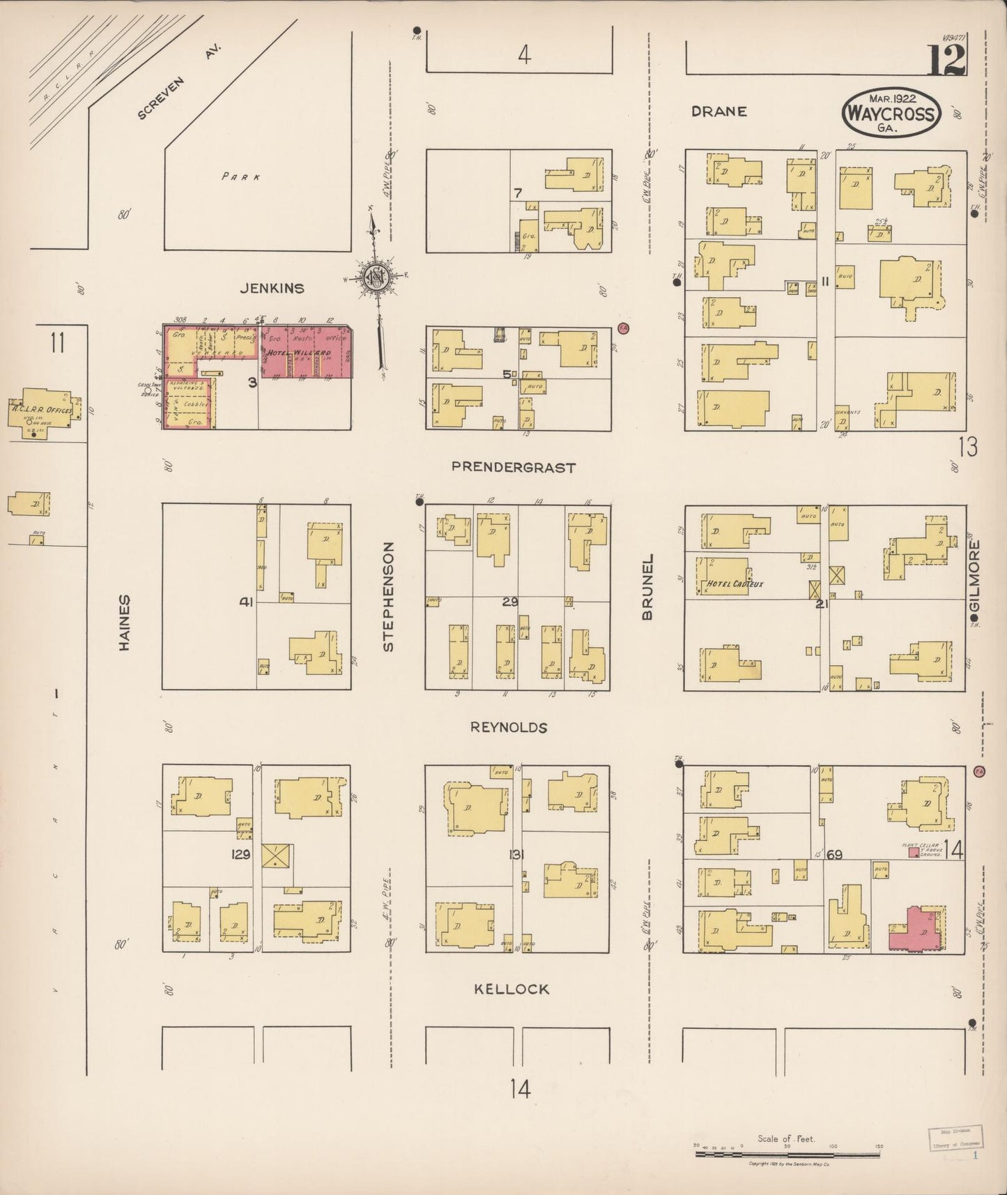 Sanborn Fire Insurance Map from Waycross, Ware County, Georgia (1922), Sheet #0012 - Complete Map Set gallery image, historic Sanborn map, vintage wall art, Georgia Georgia