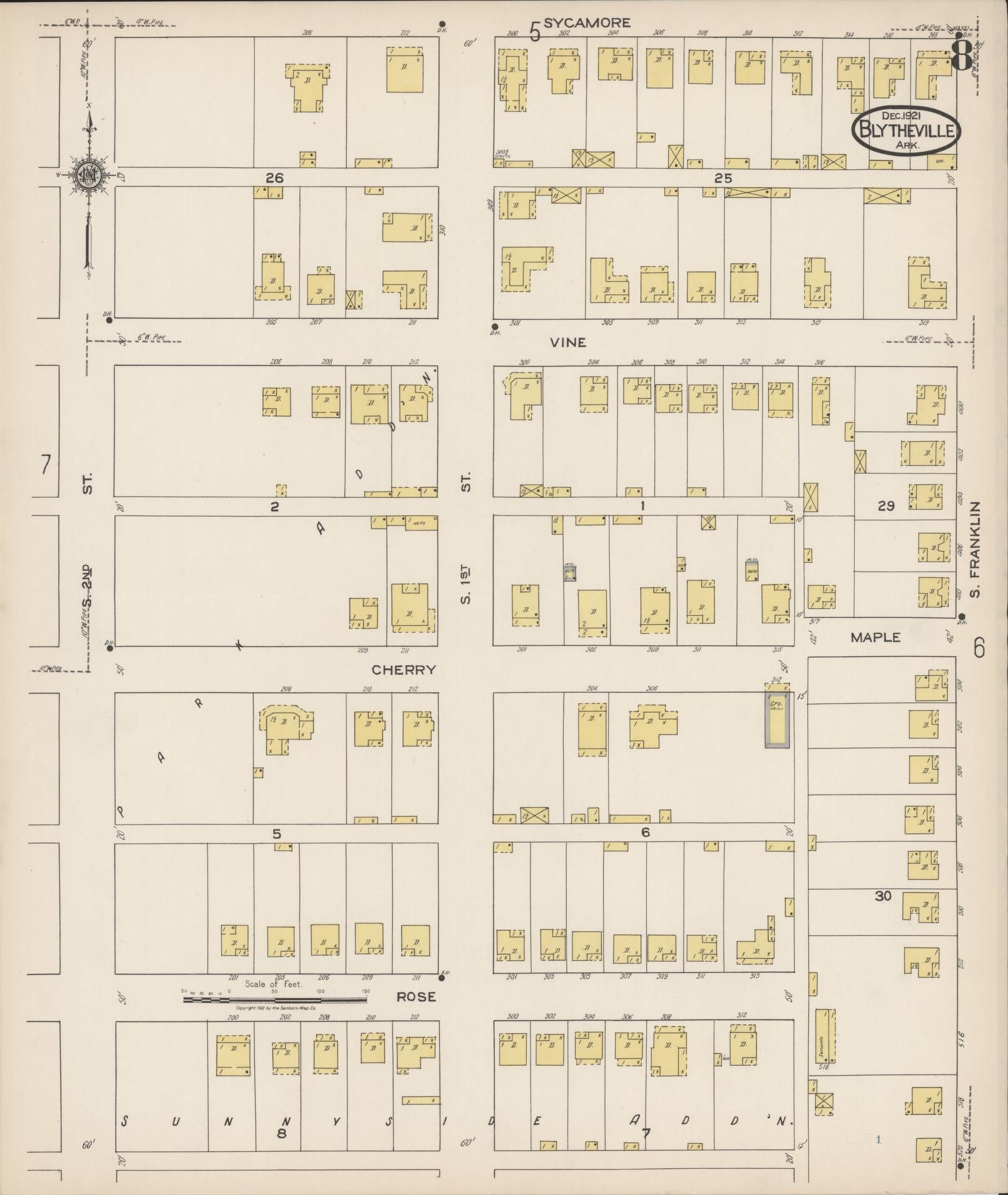 Sanborn Fire Insurance Map from Blytheville, Mississippi County, Arkansas (1921), Sheet #0008 - Historic Sanborn Fire Insurance Map Print, vintage old map wall art, antique decor, genealogy gift, Arkansas Arkansas map