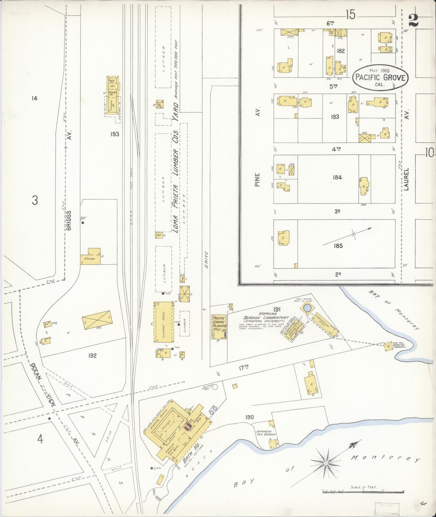 Sanborn Fire Insurance Map from Pacific Grove, Monterey County, California (1905), Sheet #0002 - Complete Map Set gallery image, historic Sanborn map, vintage wall art, California California