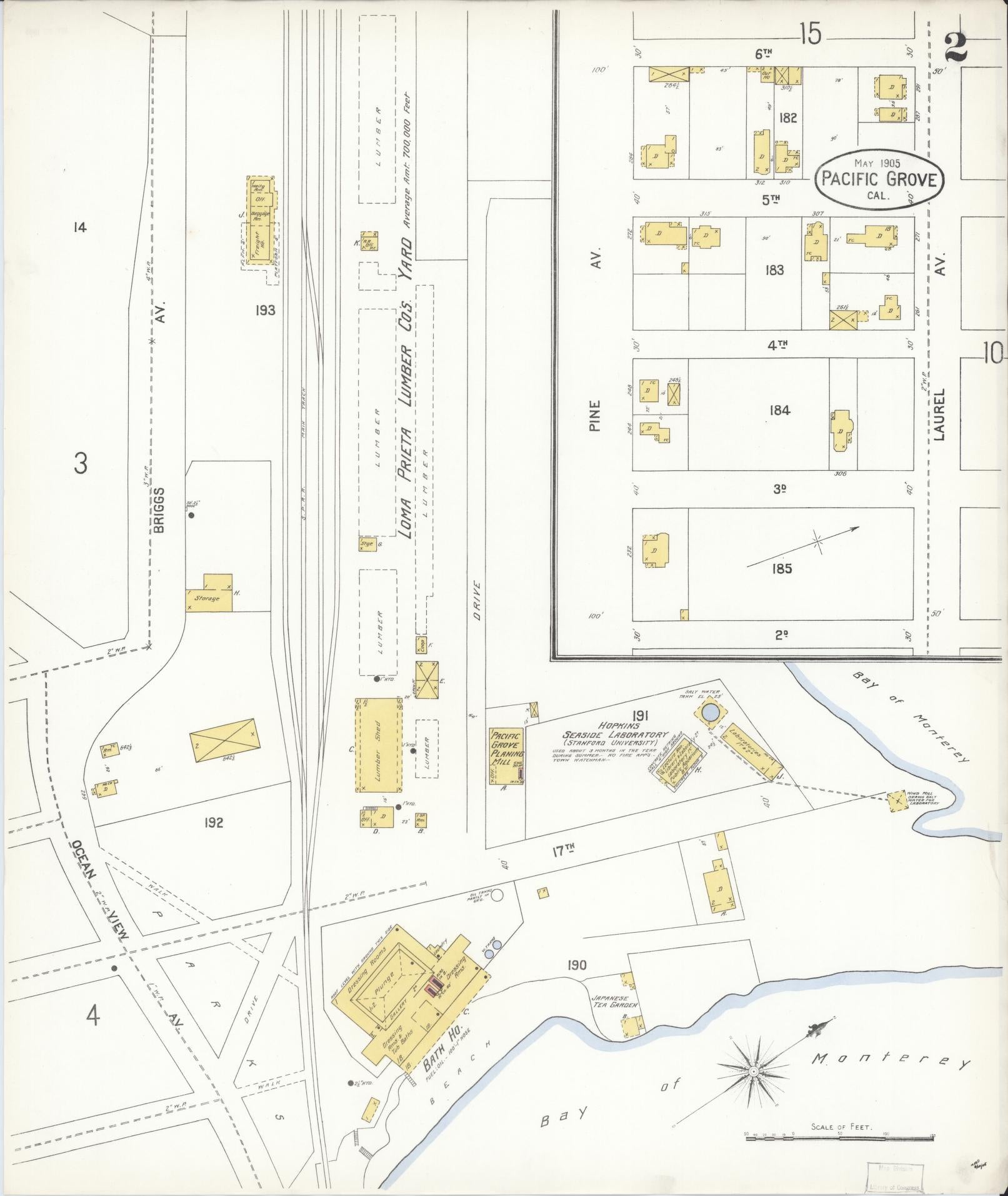 Sanborn Fire Insurance Map from Pacific Grove, Monterey County, California (1905), Sheet #0002 - Complete Map Set gallery image, historic Sanborn map, vintage wall art, California California