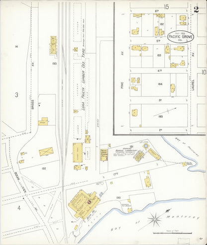 Sanborn Fire Insurance Map from Pacific Grove, Monterey County, California (1905), Sheet #0002 - Complete Map Set gallery image, historic Sanborn map, vintage wall art, California California