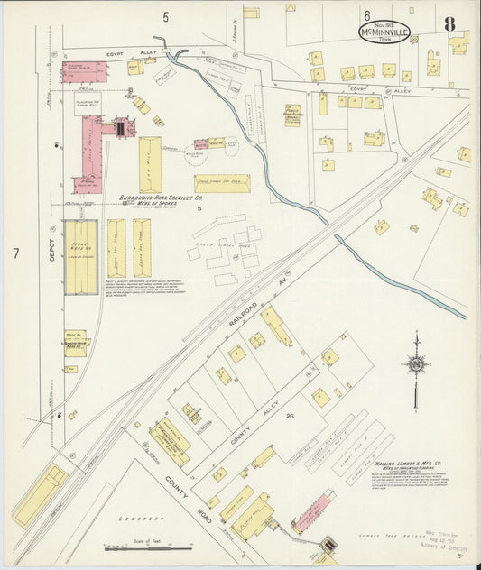 Sanborn Fire Insurance Map from McMinnville, Warren County, Tennessee (1913), Sheet #0008 - Historic Sanborn Fire Insurance Map Print, vintage old map wall art, antique decor, genealogy gift, Tennessee Tennessee map