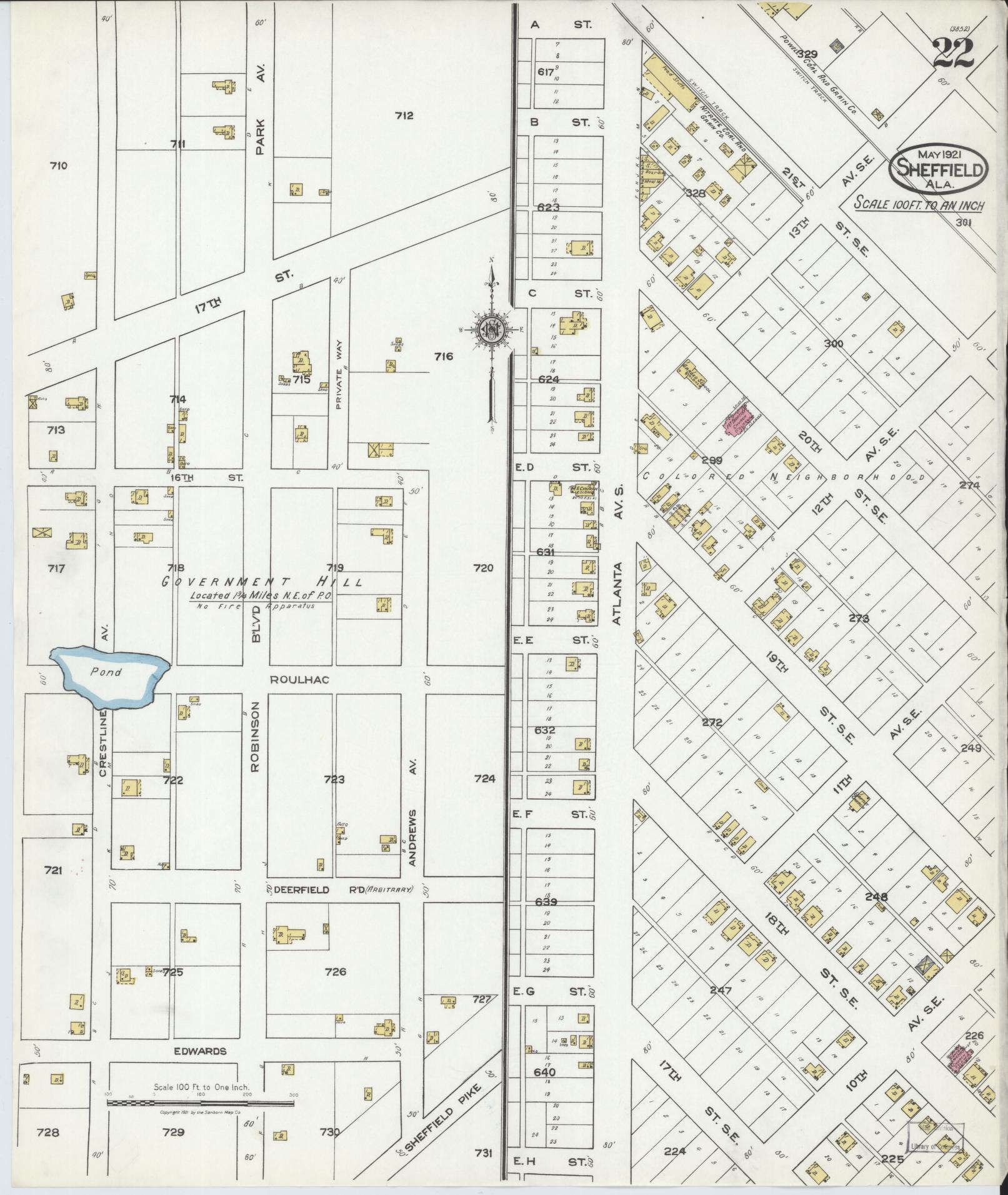 Sanborn Fire Insurance Map from Sheffield, Colbert County, Alabama (1921), Sheet #0022 - Complete Map Set gallery image, historic Sanborn map, vintage wall art, Alabama Alabama