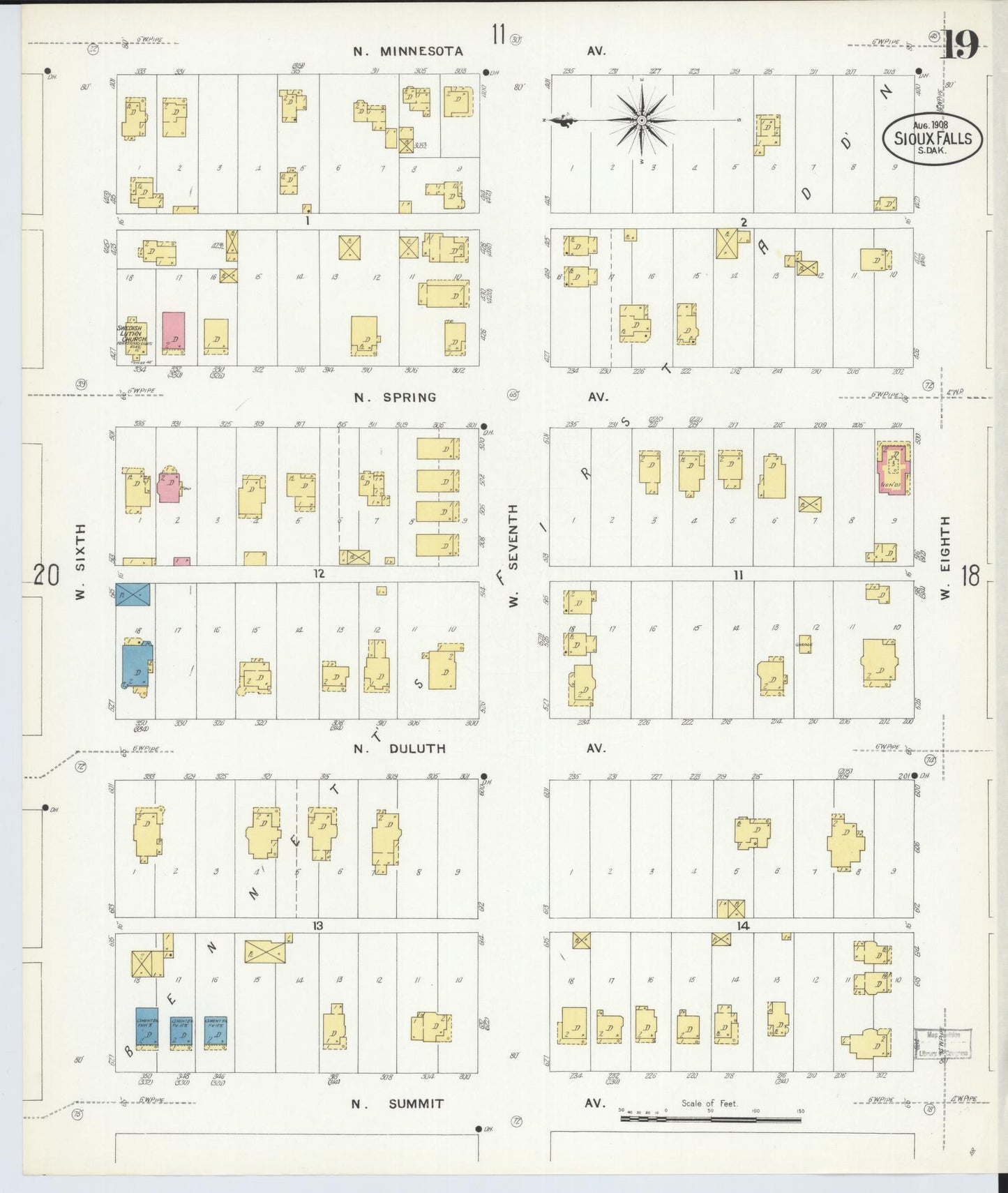 Sanborn Fire Insurance Map from Sioux Falls, Minnehaha County, South Dakota (1908), Sheet #0019 - Complete Map Set gallery image, historic Sanborn map, vintage wall art, South Dakota South Dakota