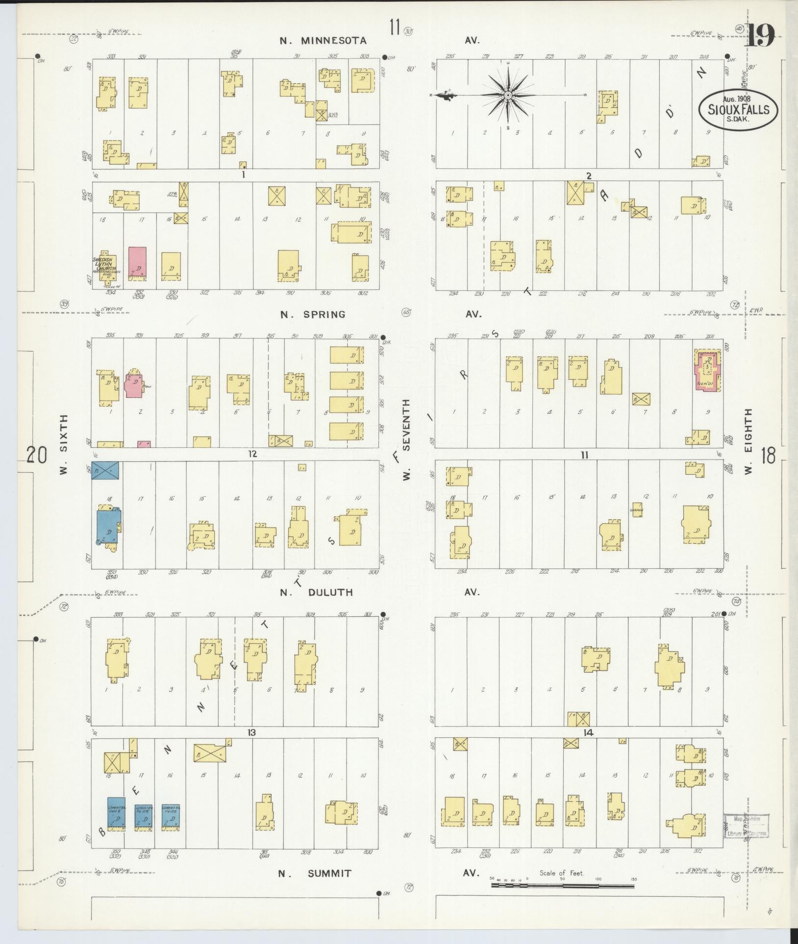 Sanborn Fire Insurance Map from Sioux Falls, Minnehaha County, South Dakota (1908), Sheet #0019 - Complete Map Set gallery image, historic Sanborn map, vintage wall art, South Dakota South Dakota