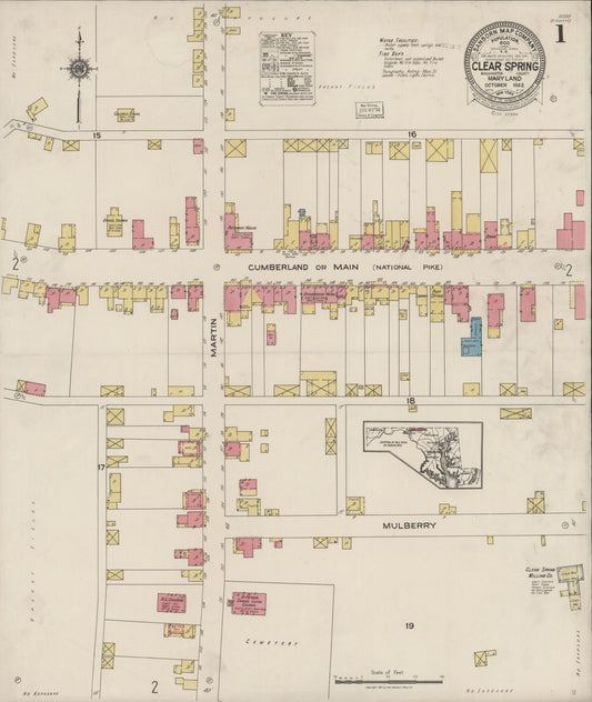Sanborn Fire Insurance Map from Clear Spring, Washington County, Maryland (1922), Sheet #0001 - Historic Sanborn Fire Insurance Map Print, vintage old map wall art, antique decor, genealogy gift, Maryland Maryland map