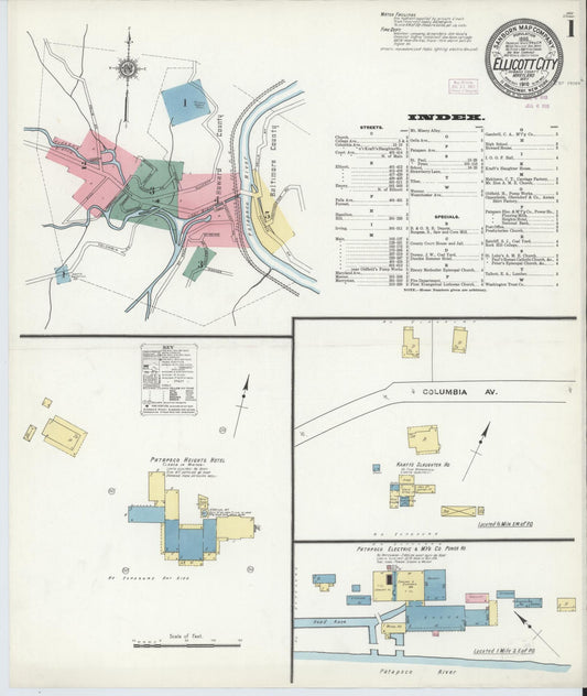 Sanborn Fire Insurance Map from Ellicott City, Howard County, Maryland (1910), Sheet #0001 - Historic Sanborn Fire Insurance Map Print, vintage old map wall art, antique decor, genealogy gift, Maryland Maryland map