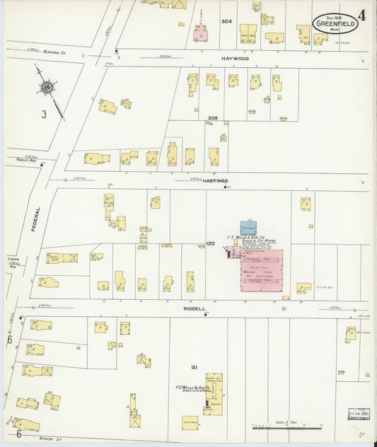 Sanborn Fire Insurance Map from Greenfield, Franklin County, Massachusetts (1909), Sheet #0004 - Historic Sanborn Fire Insurance Map Print, vintage old map wall art, antique decor, genealogy gift, Massachusetts Massachusetts map