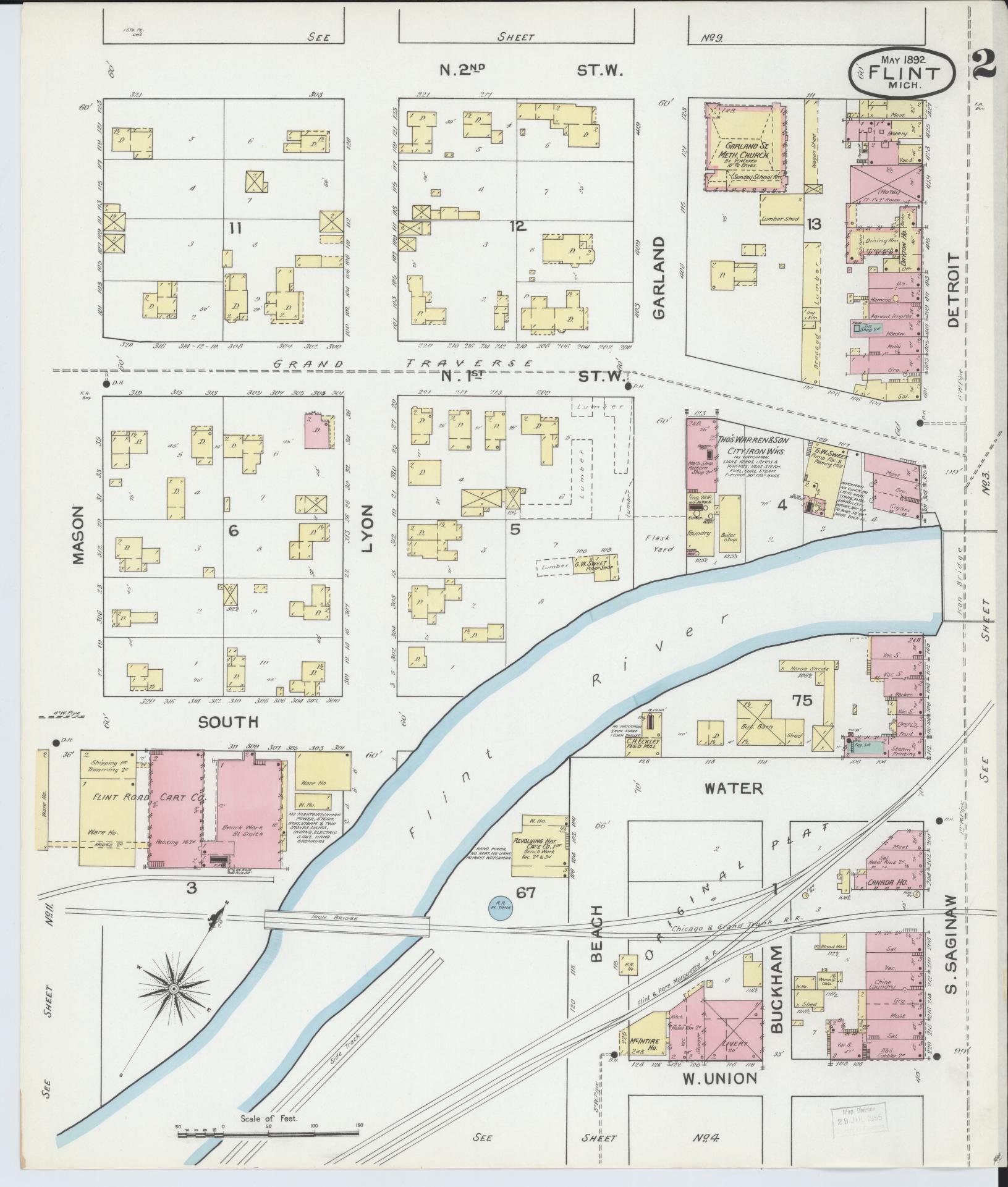 Sanborn Fire Insurance Map from Flint, Genesee County, Michigan (1892), Sheet #0002 - Historic Sanborn Fire Insurance Map Print, vintage old map wall art, antique decor, genealogy gift, Michigan Michigan map