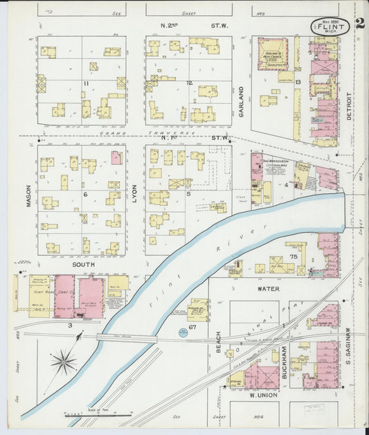 Sanborn Fire Insurance Map from Flint, Genesee County, Michigan (1892), Sheet #0002 - Historic Sanborn Fire Insurance Map Print, vintage old map wall art, antique decor, genealogy gift, Michigan Michigan map