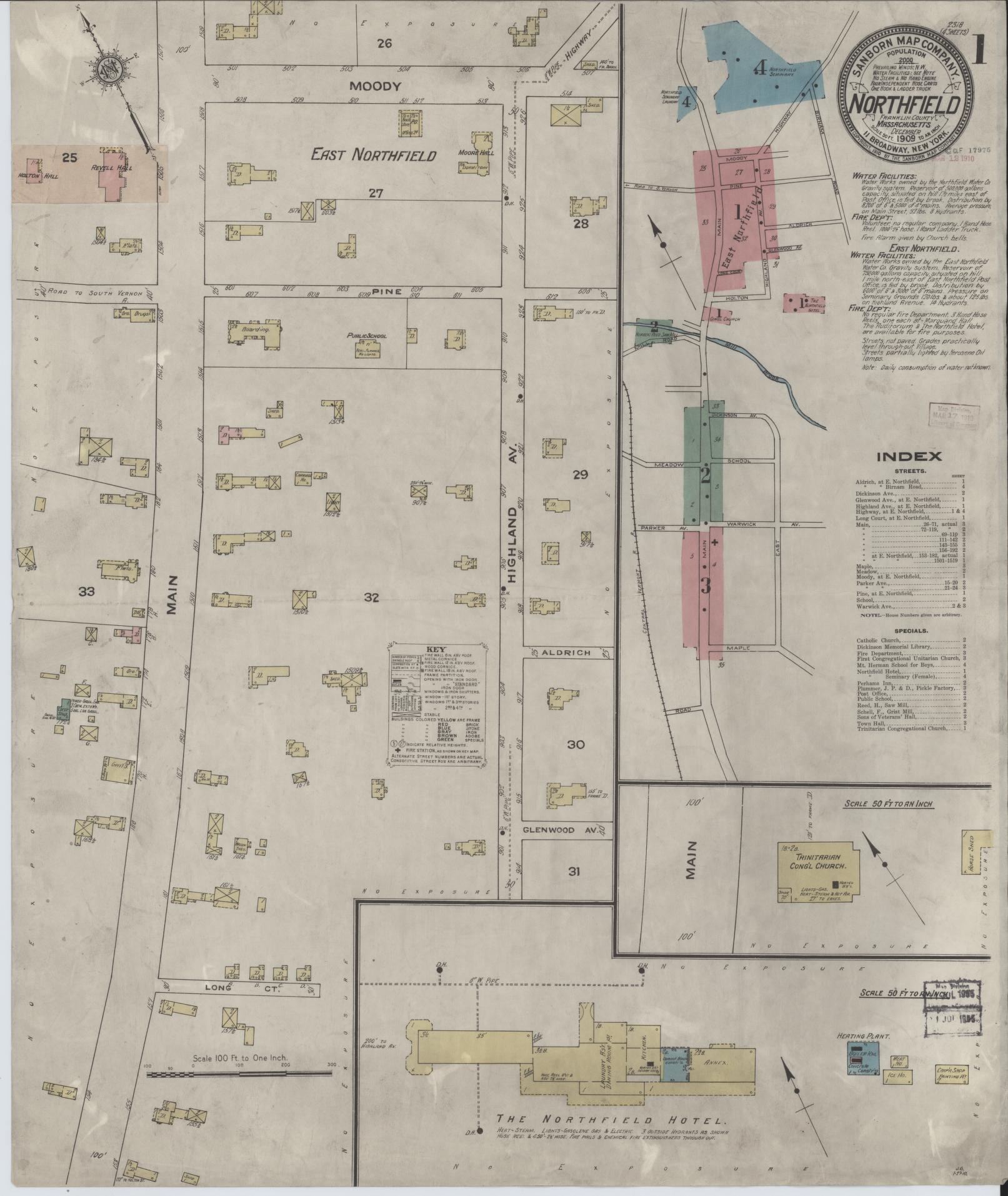 Sanborn Fire Insurance Map from Northfield, Franklin County, Massachusetts (1909), Sheet #0001 - Complete Map Set gallery image, historic Sanborn map, vintage wall art, Massachusetts Massachusetts