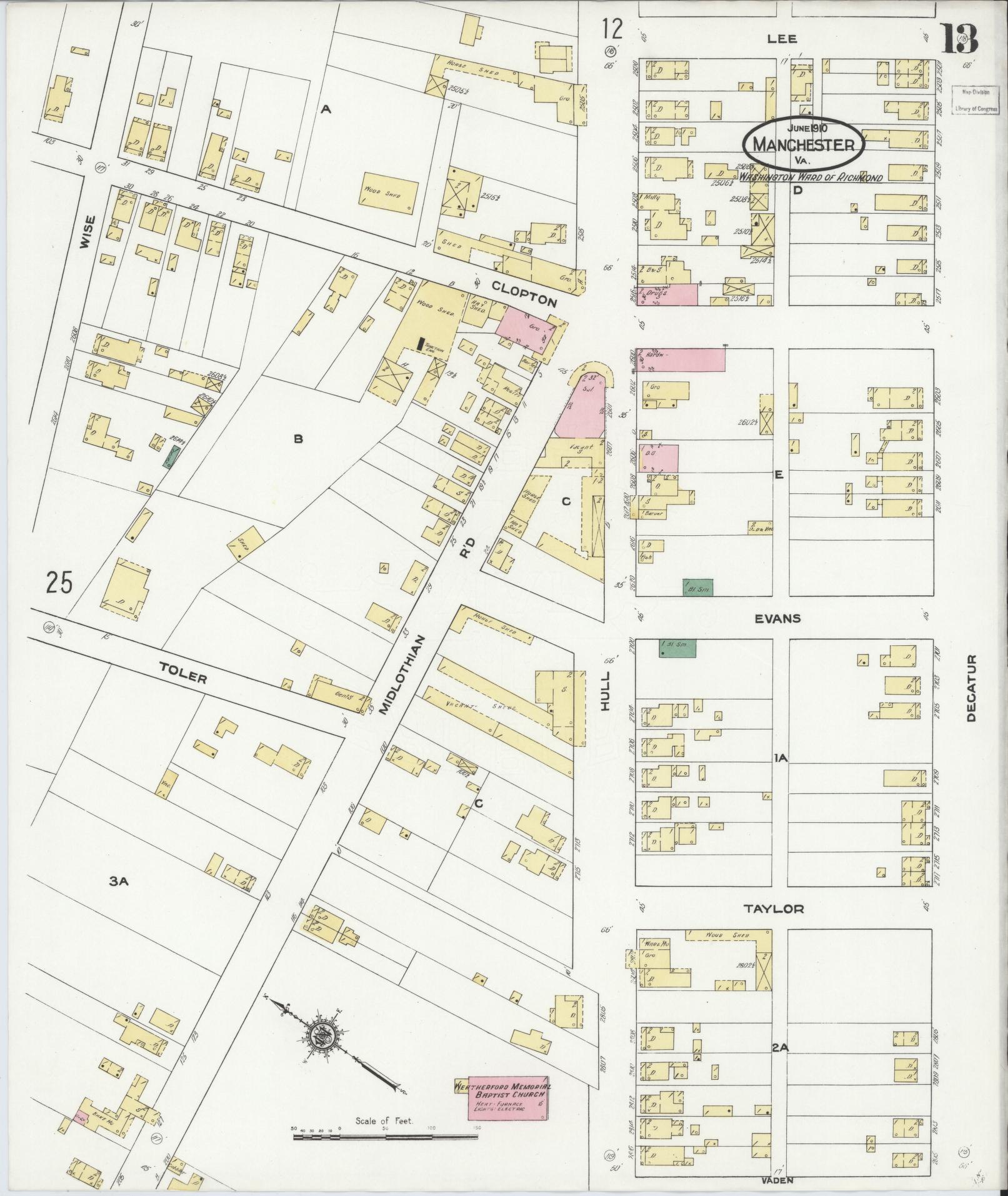Sanborn Fire Insurance Map from Manchester, Chesterfield County, Virginia. (1910), Sheet 13 – Historic Sanborn Fire Insurance Map Print