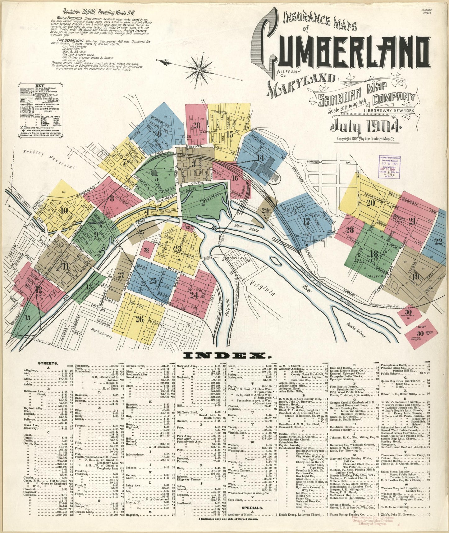Sanborn Fire Insurance Map from Cumberland, Allegany County, Maryland (1904), Sheet #0001 - Historic Sanborn Fire Insurance Map Print, vintage old map wall art, antique decor, genealogy gift, Maryland Maryland map