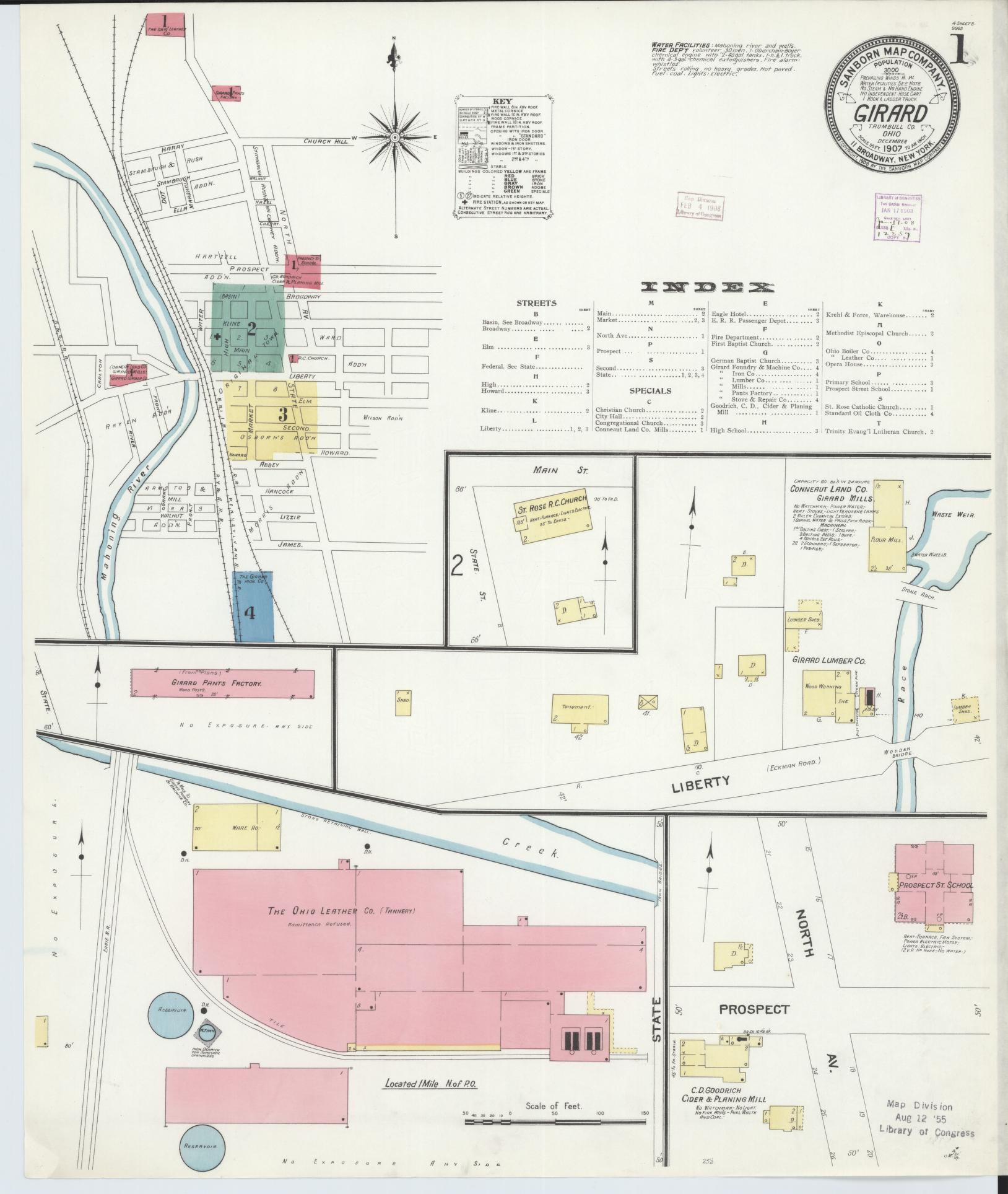 Sanborn Fire Insurance Map from Girard, Trumbull County, Ohio (1907), Sheet #0001 - Historic Sanborn Fire Insurance Map Print, vintage old map wall art, antique decor, genealogy gift, Ohio Ohio map