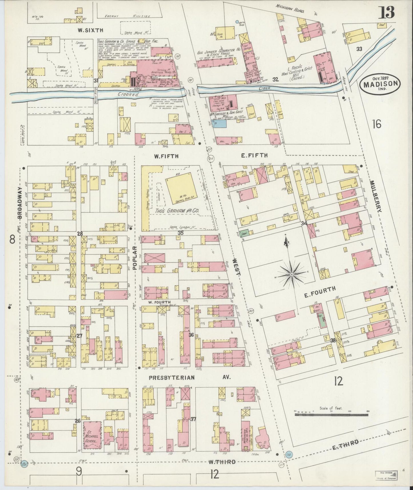 Sanborn Fire Insurance Map from Madison, Jefferson County, Indiana (1897), Sheet #0013 - Historic Sanborn Fire Insurance Map Print, vintage old map wall art, antique decor, genealogy gift, Indiana Indiana map