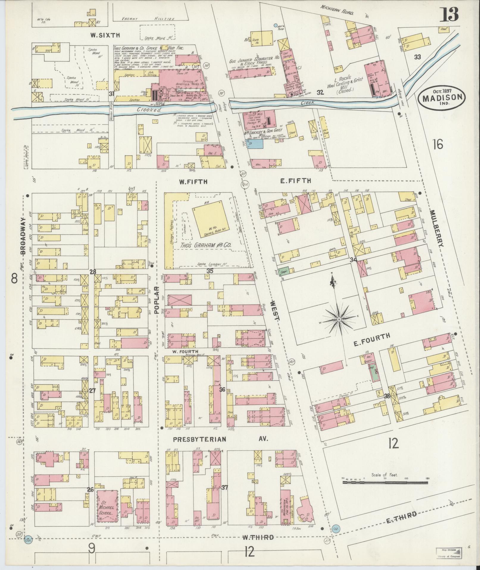 Sanborn Fire Insurance Map from Madison, Jefferson County, Indiana (1897), Sheet #0013 - Historic Sanborn Fire Insurance Map Print, vintage old map wall art, antique decor, genealogy gift, Indiana Indiana map