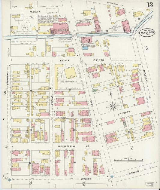 Sanborn Fire Insurance Map from Madison, Jefferson County, Indiana (1897), Sheet #0013 - Historic Sanborn Fire Insurance Map Print, vintage old map wall art, antique decor, genealogy gift, Indiana Indiana map